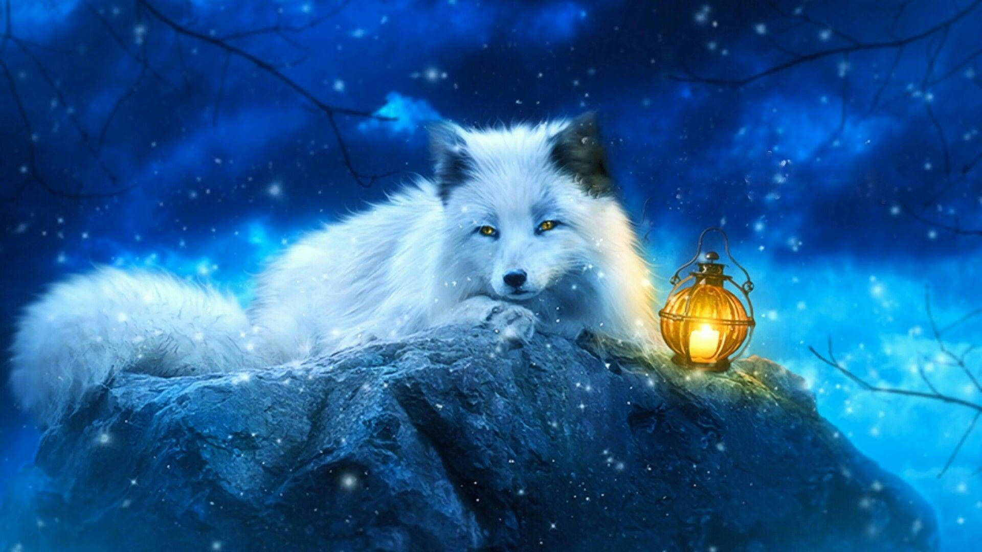 White Fox 桌布 壁紙 — 一隻雄偉的白狐在繁星點點的藍色夜空下，在積雪的岩石上休息，旁邊有一盞發光的燈籠。