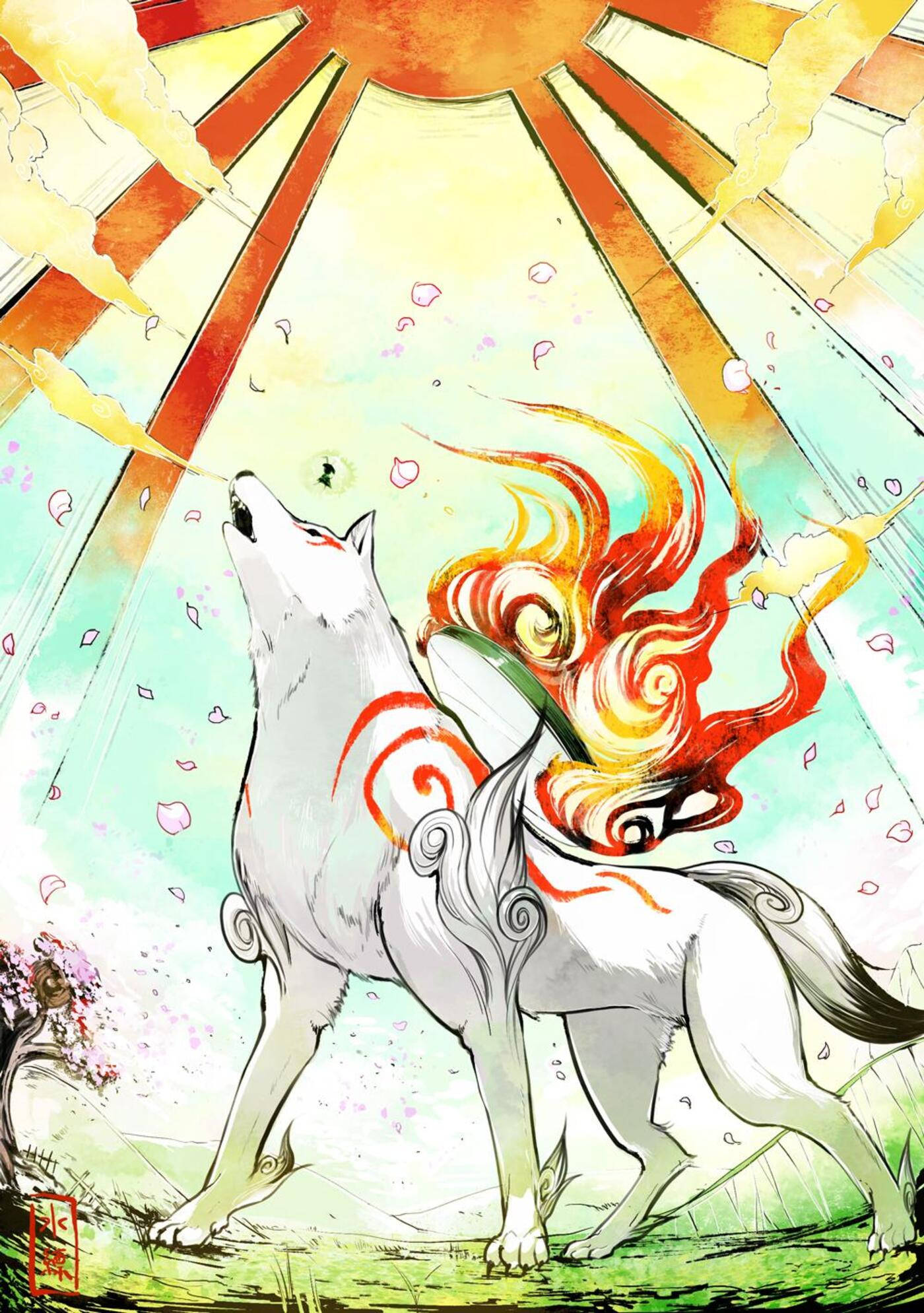 Okami 桌布 壁紙 — 一隻雄偉的白狼，擁有火橙色鬃毛，在燦爛的陽光下向上嚎叫，櫻花在空中飄舞。