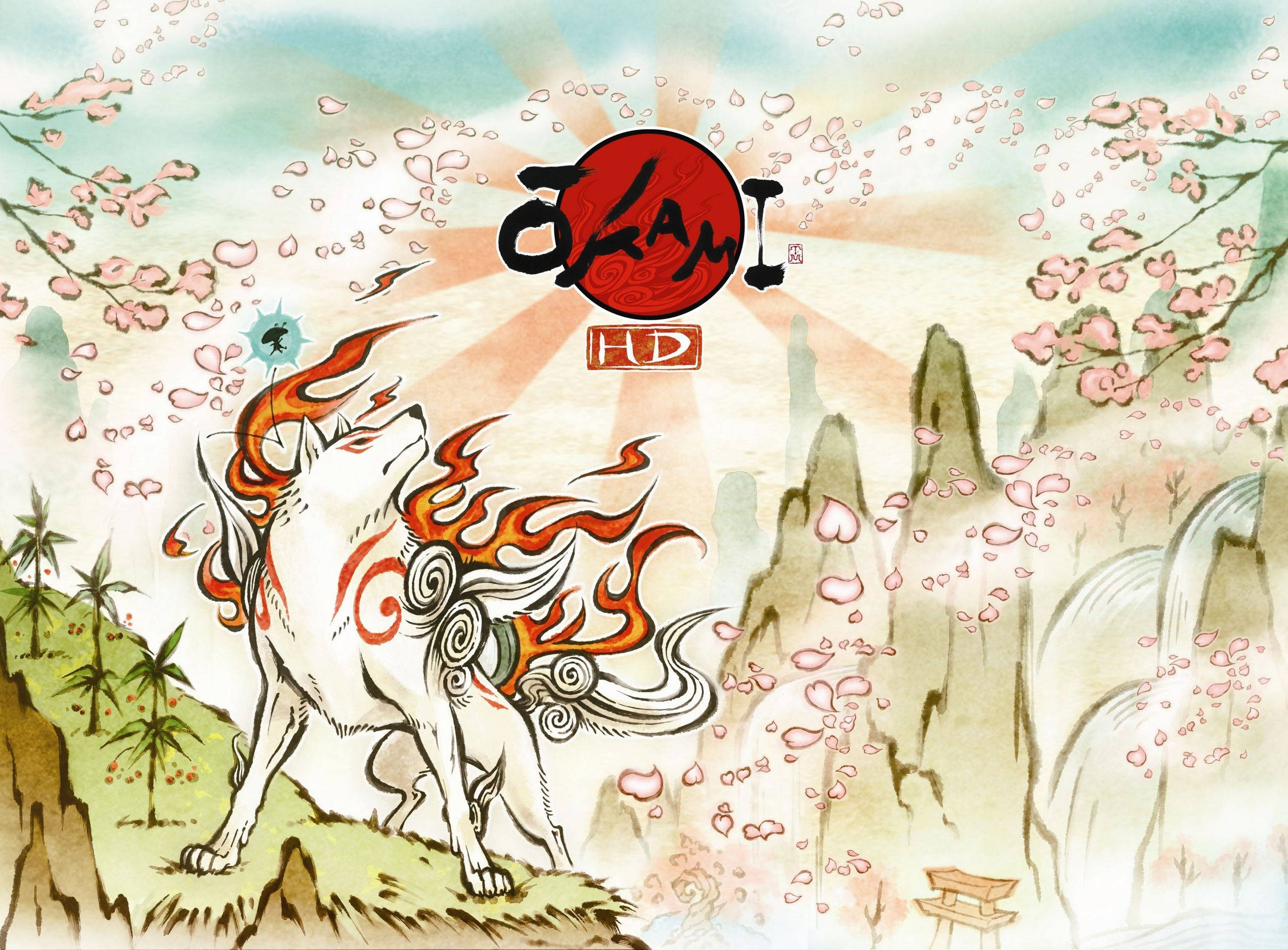 Okami 桌布 壁紙 — 一隻雄偉的白狼，擁有火橙色鬃毛和漩渦圖案，在懸崖頂上嚎叫，櫻花在陽光明媚的天空中飄揚，遠處有山脈和瀑布。
