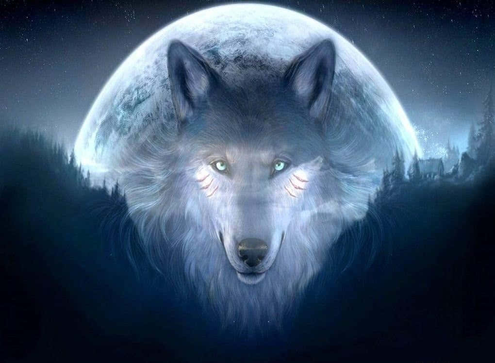狐狸 桌布 壁紙 — 一隻雄偉的白狼，擁有發光的綠色眼睛，在黑暗的森林中，在巨大的發光月亮下向前凝視。