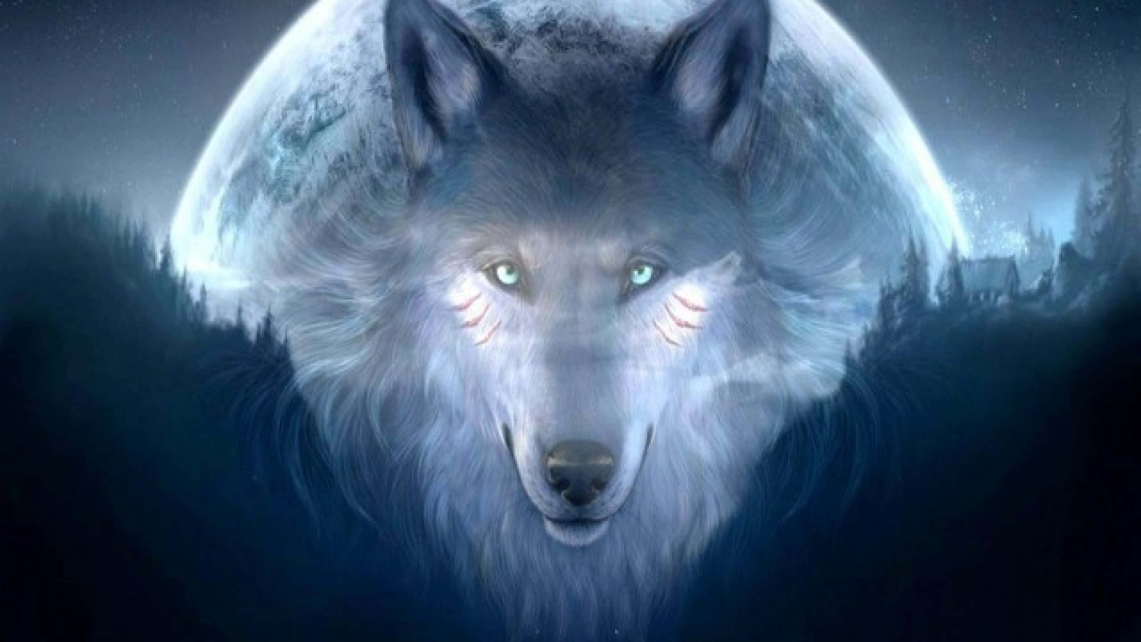 Cool Anime Wolf 桌布 壁紙 — 一隻雄偉的白狼，擁有發光的綠色眼睛，在黑暗的森林中，在巨大的發光月亮下向前凝視。