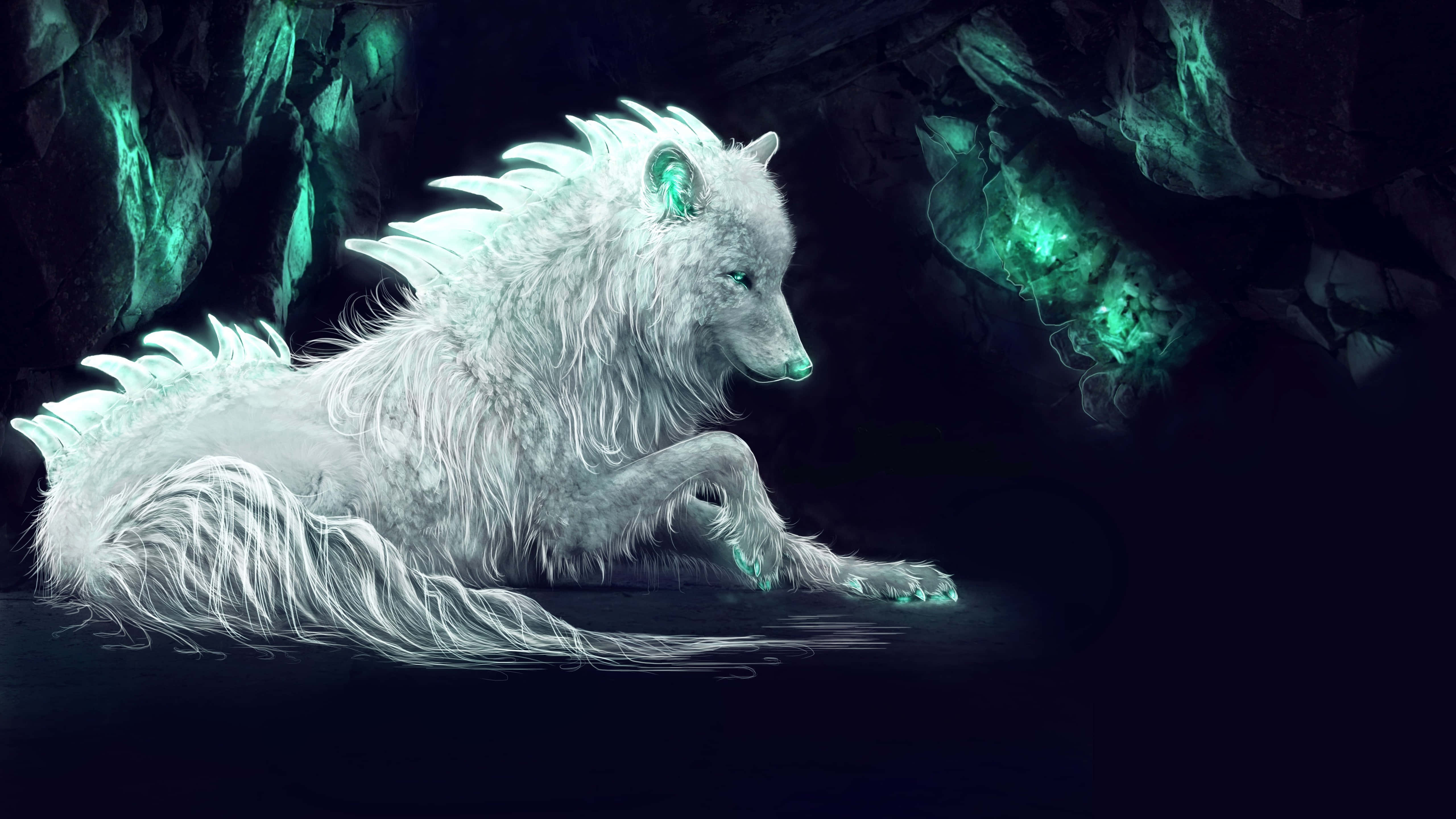 Cool Anime Wolf 桌布 壁紙 — 一隻雄偉的白狼，擁有發光的藍綠色眼睛和毛髮，在一個被詭異的綠色發光水晶照亮的黑暗洞穴中休息。