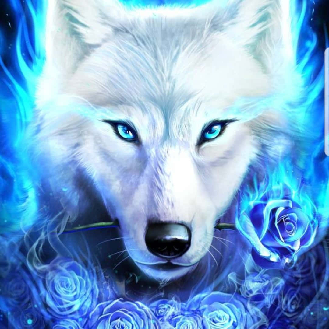 Epic Wolf 桌布 壁紙 — 一隻雄偉的白狼，擁有發光的藍色眼睛和熾熱的藍色光環，在旋轉的藍色火焰中拿著一朵藍玫瑰。
