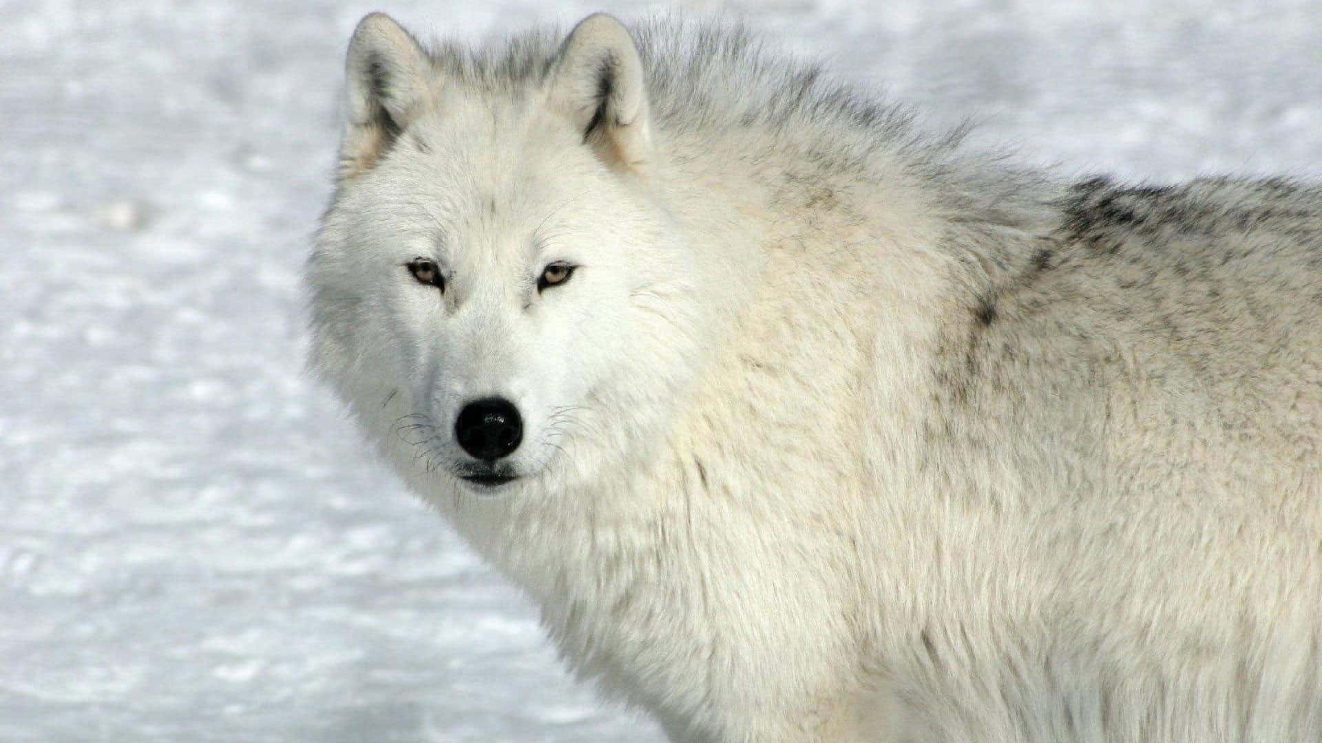 Arctic Wolf 桌布 壁紙 — 一隻雄偉的白狼，有著銳利的琥珀色眼睛，在雪地荒野中警覺地站立，其濃密的皮毛在明亮的日光下閃閃發光。