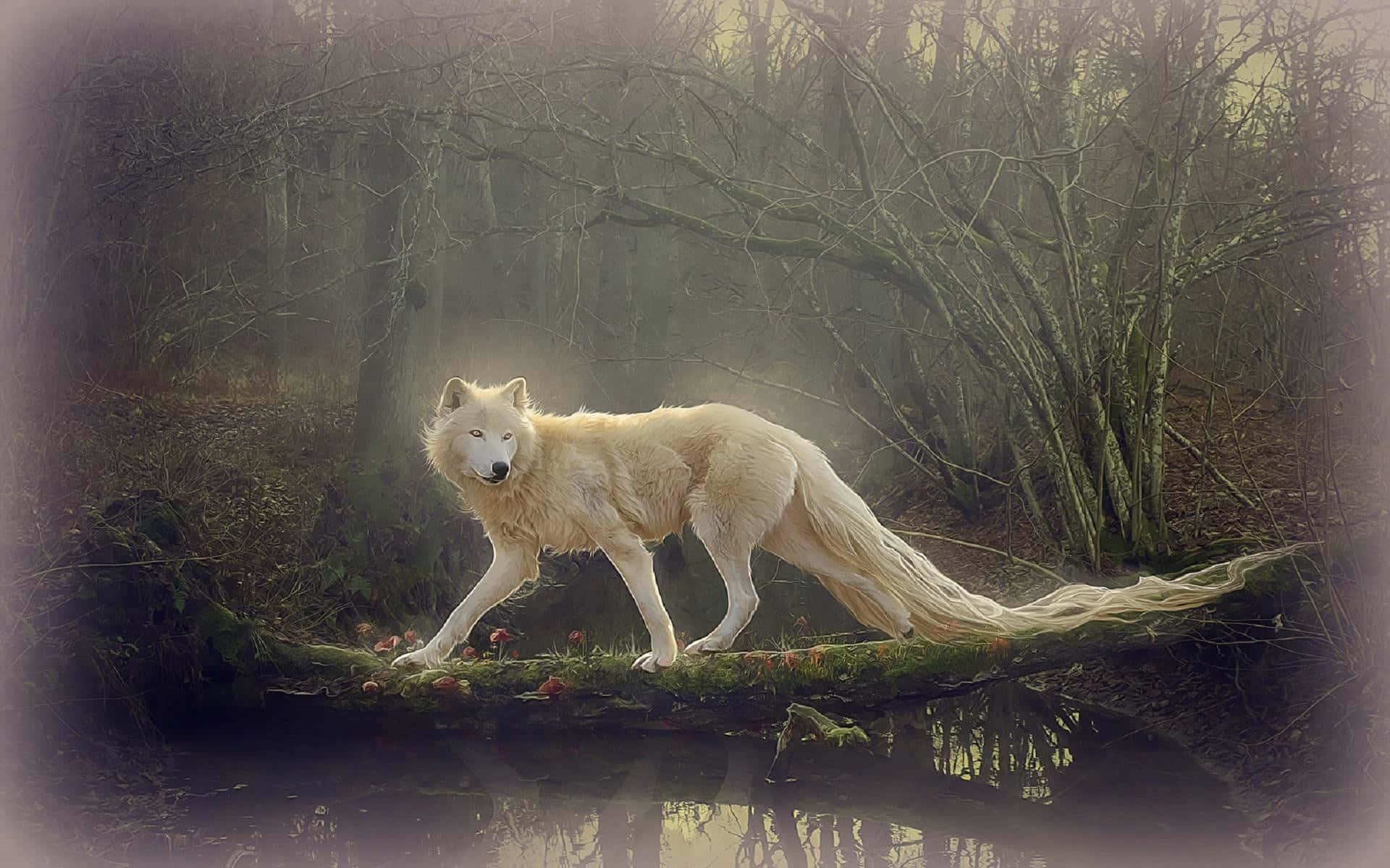 Beautiful Wolf 桌布 壁紙 — 一隻雄偉的白狼，長長的尾巴飄逸，優雅地走過一條長滿苔蘚的木頭，橫跨霧氣瀰漫的森林小溪。