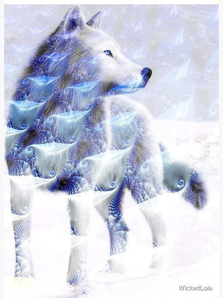 Beautiful Wolf 桌布 壁紙 — 一隻雄偉的白狼，閃爍著藍色光芒的眼睛，站在雪地中，毛皮上飾有複雜的藍色碎形圖案，背景是柔和的冰藍色。