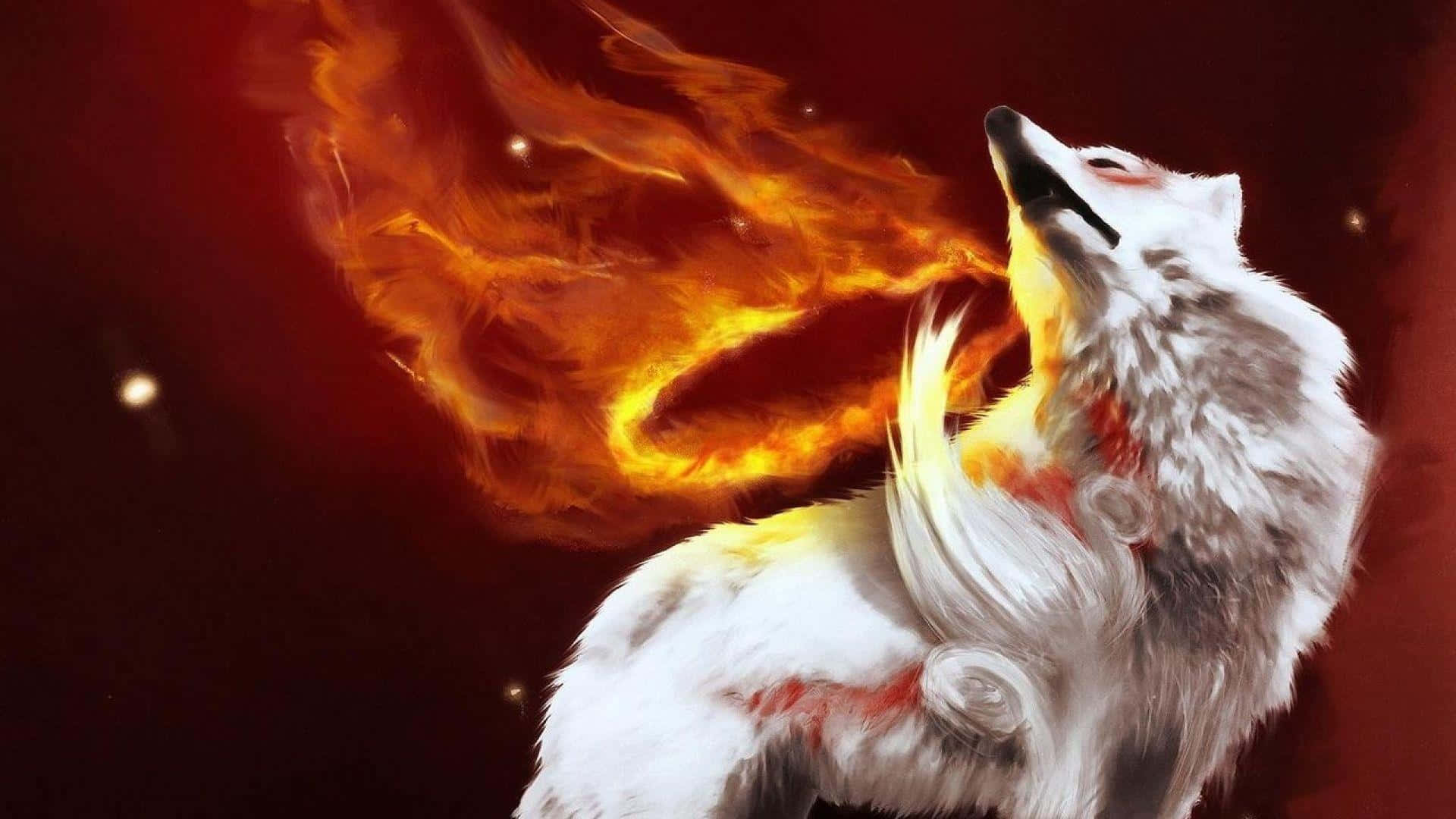 Fire Wolf 桌布 壁紙 — 一隻雄偉的白狼在深紅色星空背景下嚎叫，熾熱的橙色火焰從其口中噴出。