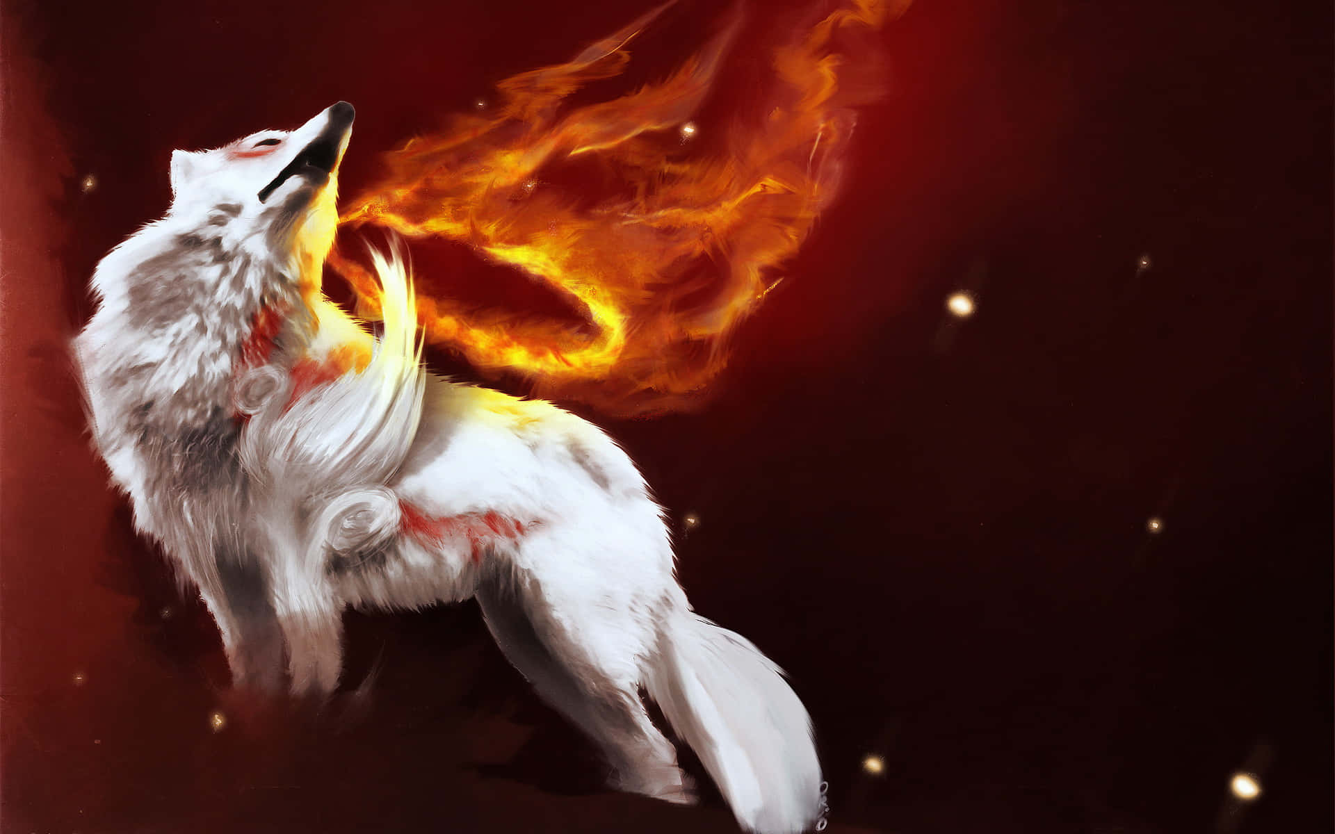 Okami HD 桌布 壁紙 — 一隻雄偉的白狼在深紅色星空背景下嚎叫，熾熱的翅膀從其背部迸發而出。