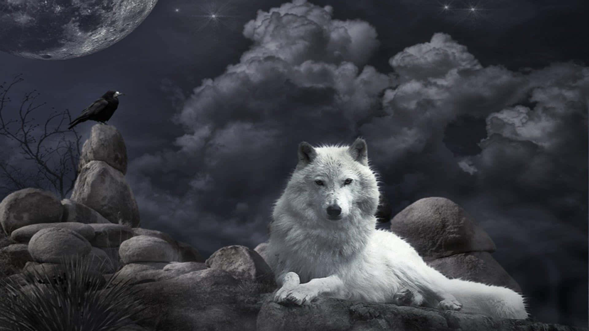 Dire Wolf 桌布 壁紙 — 一隻雄偉的白狼在滿月下的岩石地形上休息，一隻烏鴉在星空下棲息在附近。