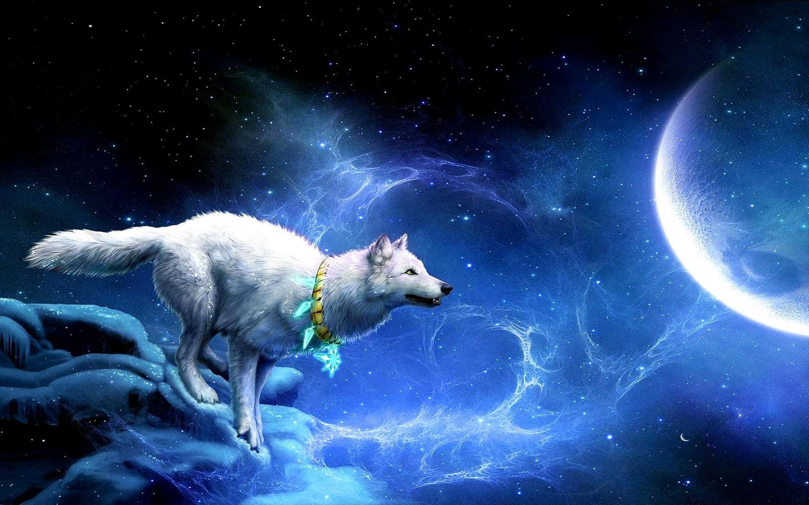 白狼在宇宙懸崖上觀看星雲星空中閃耀的月亮。 — 銀河狼 壁紙