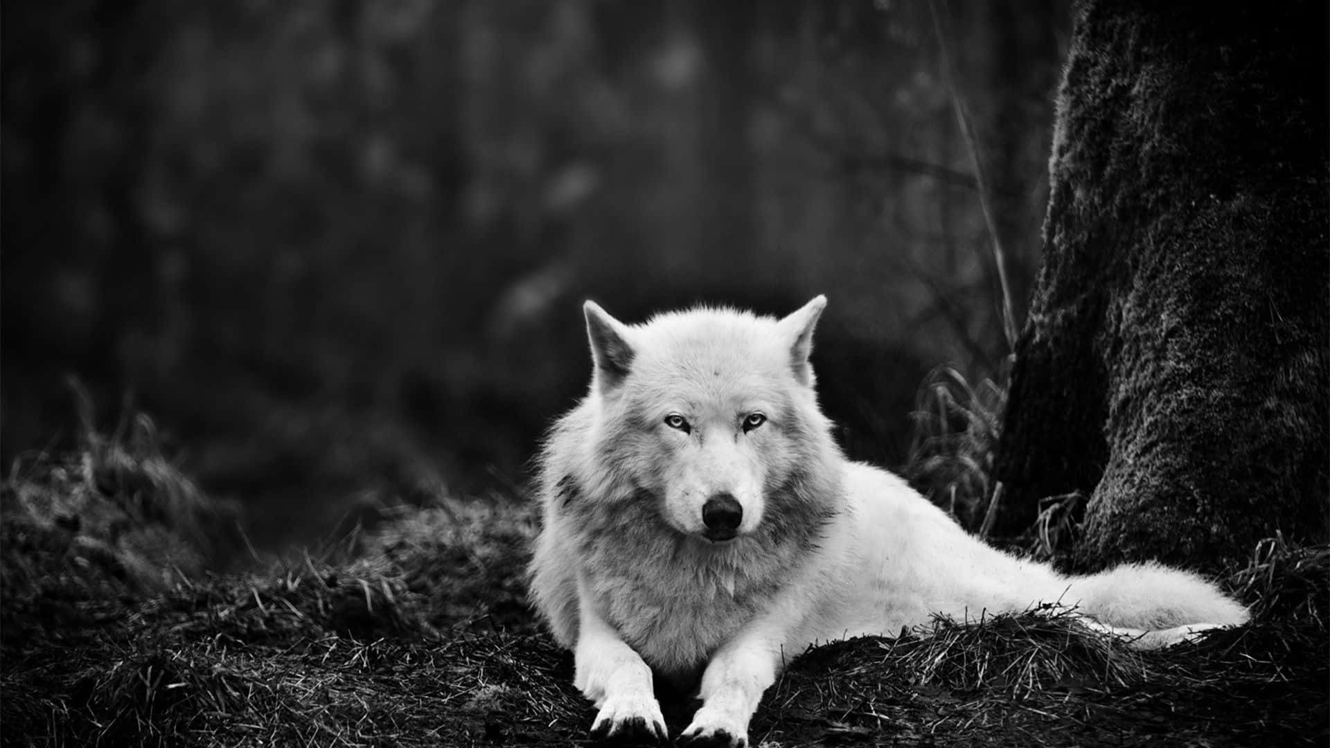Gray Wolf 桌布 壁紙 — 一隻雄偉的白狼警覺地休息在一棵長滿苔蘚的樹旁，身處單色森林中，眼睛與觀看者對視。