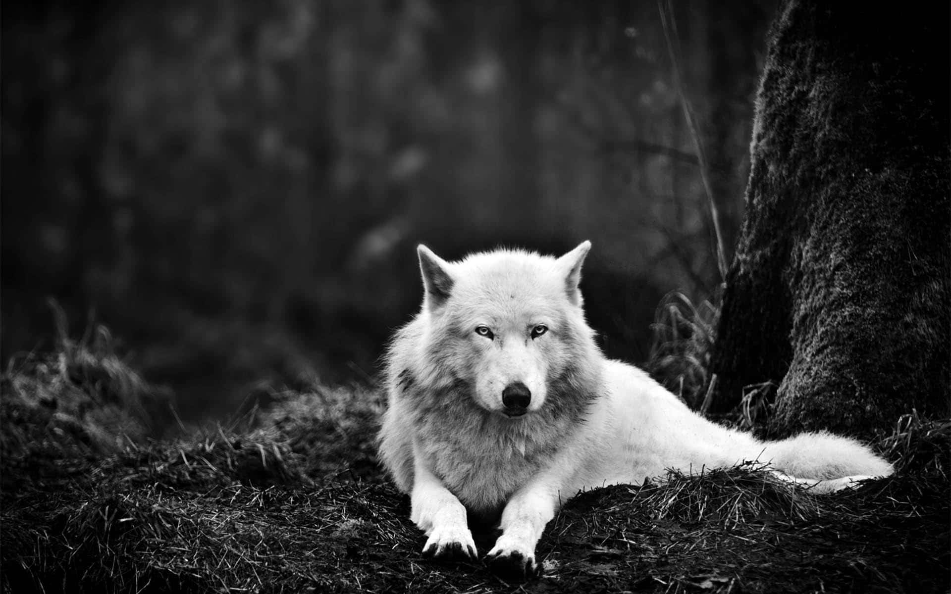 Dire Wolf 桌布 壁紙 — 一隻雄偉的白狼警覺地休息在黑暗森林的地面上，旁邊是一棵長滿苔蘚的樹幹，以單色呈現。