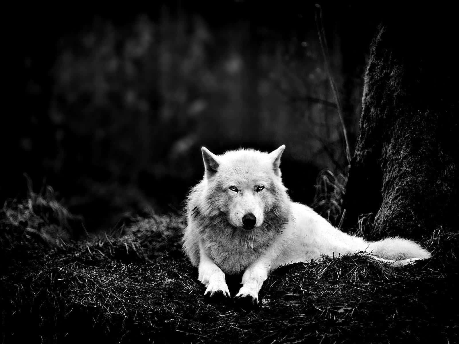 Wolf In Forest 桌布 壁紙 — 一隻雄偉的白狼警覺地躺在樹下的暗草上，身處黑白分明的森林場景中。