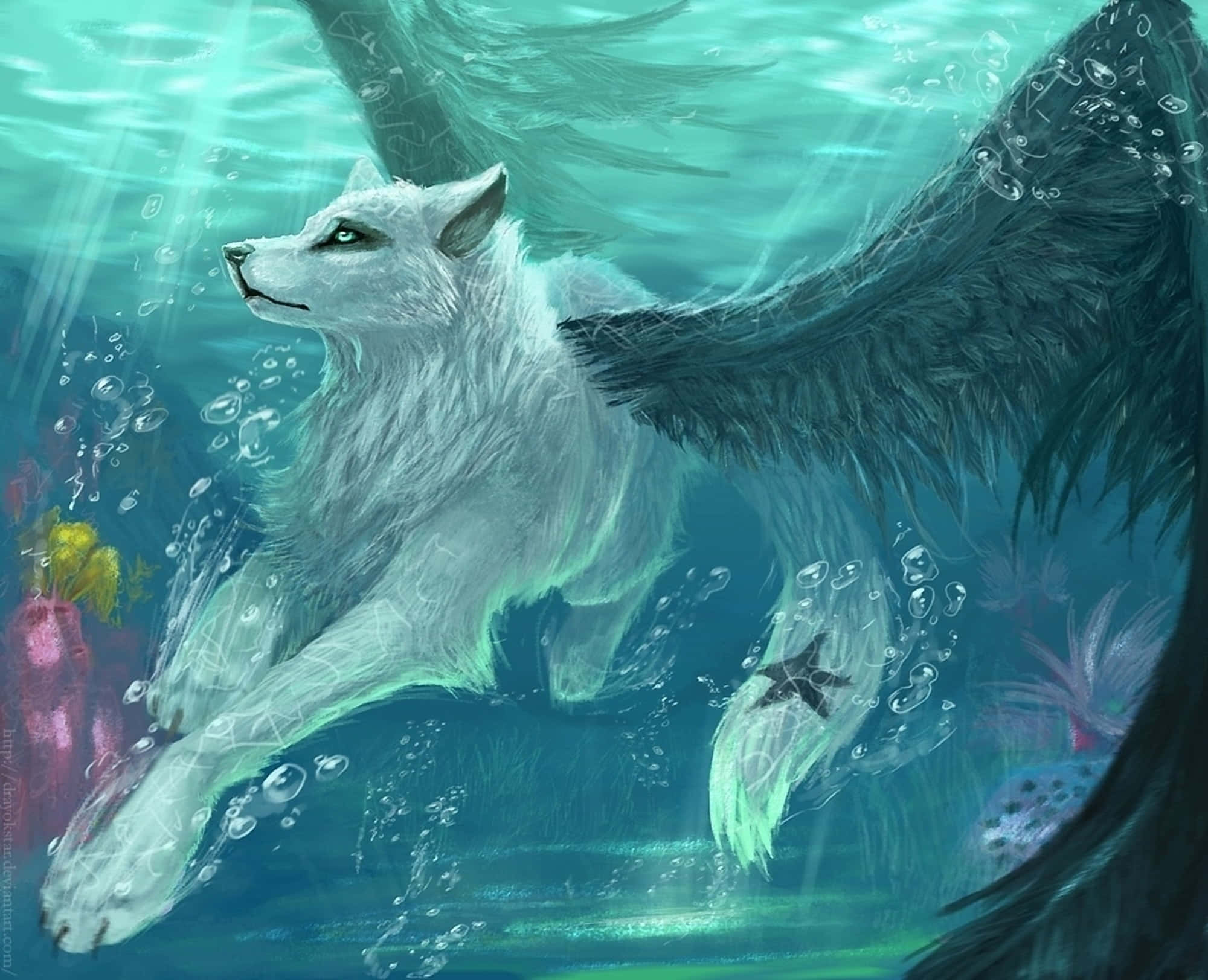 Winged Wolf 桌布 壁紙 — 一隻雄偉的白翼狼在陽光普照的碧綠海水中優雅地滑行，周圍環繞著色彩繽紛的珊瑚和漂浮的氣泡。
