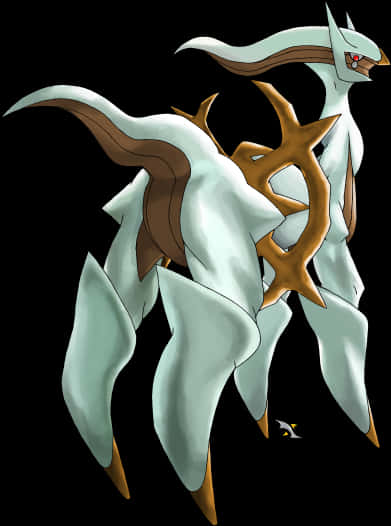 Pokemon Characters 桌布 壁紙 — 一隻雄偉的白色和金色動漫生物，擁有飄逸的鬃毛和鋒利的角，在黑色背景前蓄勢待發。
