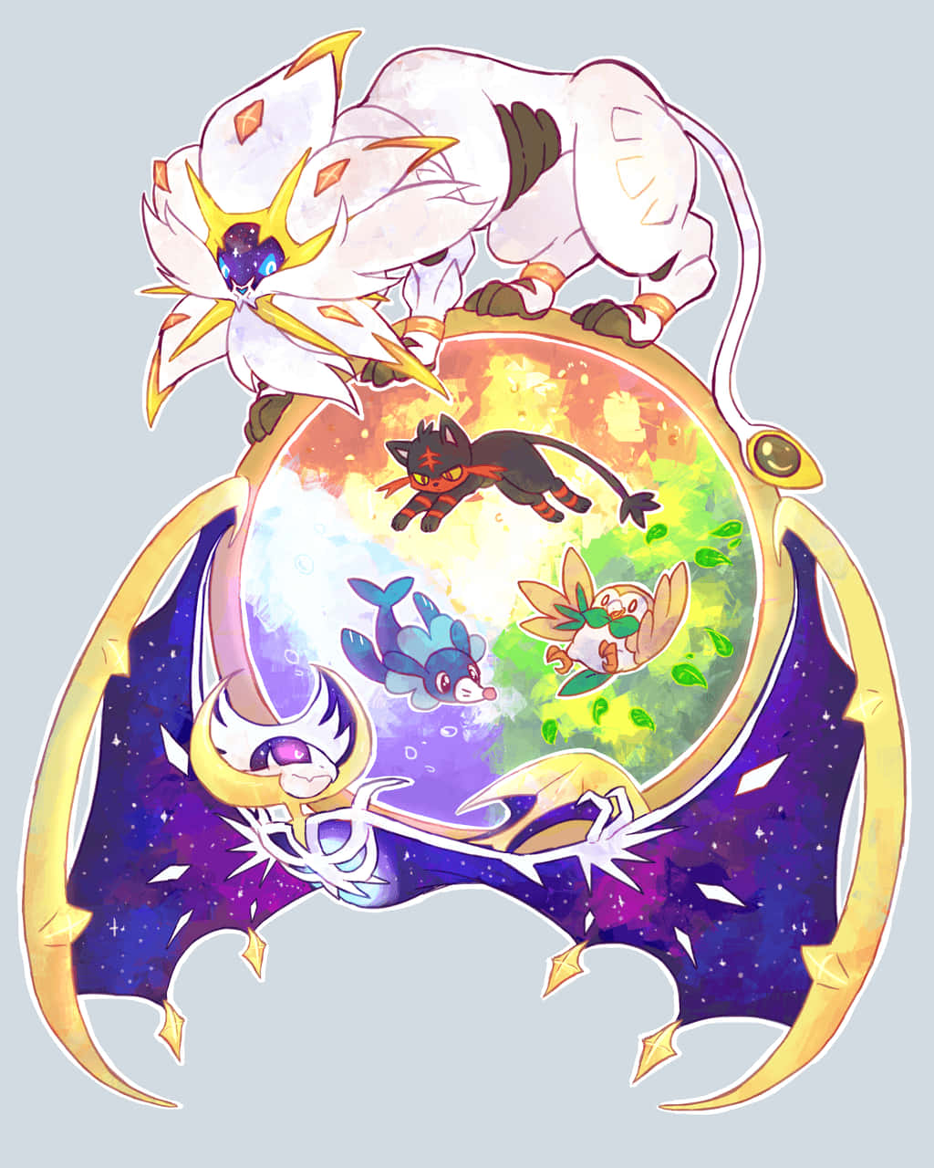 pokemon sun and moon 桌布 壁紙 — 一隻雄偉的白色寶可夢，擁有金色角和星形眼睛，棲息在一個宇宙時鐘上，周圍還有四隻寶可夢，在一個充滿活力的星空宇宙中。