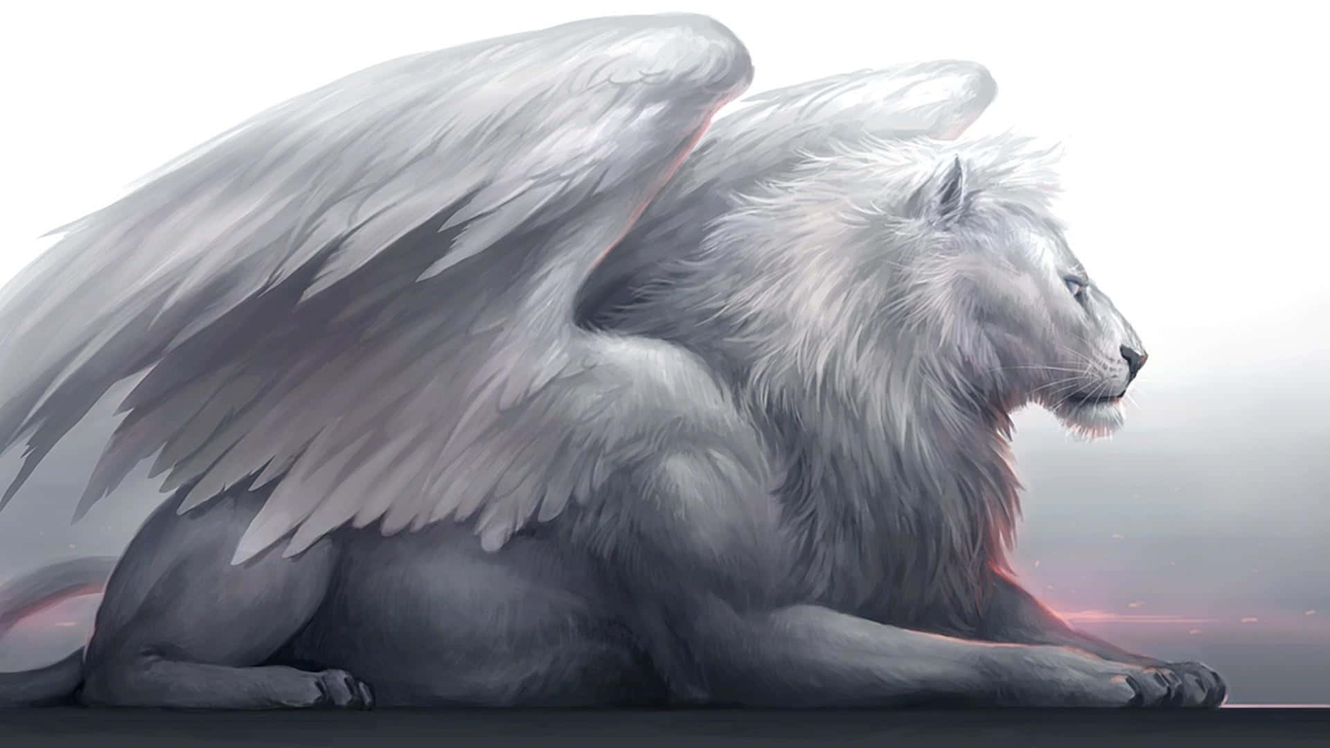 Winged Wolf 桌布 壁紙 — 一隻雄偉的白色有翼獅子，帶著柔軟的灰色羽毛和寧靜的表情，在發光的暮色天空中平靜地休息。