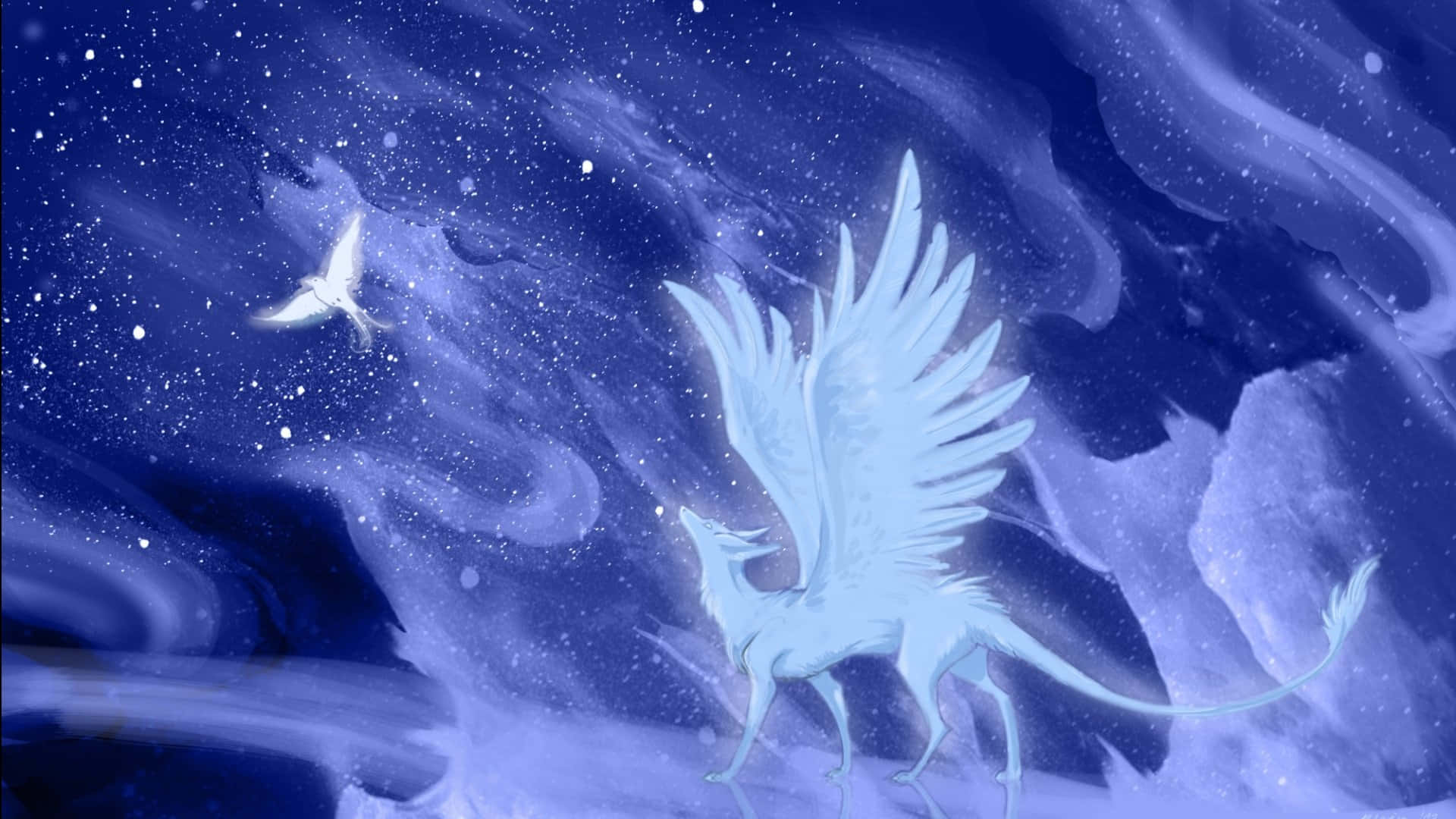 Winged Wolf 桌布 壁紙 — 一隻雄偉的白色有翼生物翱翔於點綴著星辰的漩渦宇宙藍色星雲中。