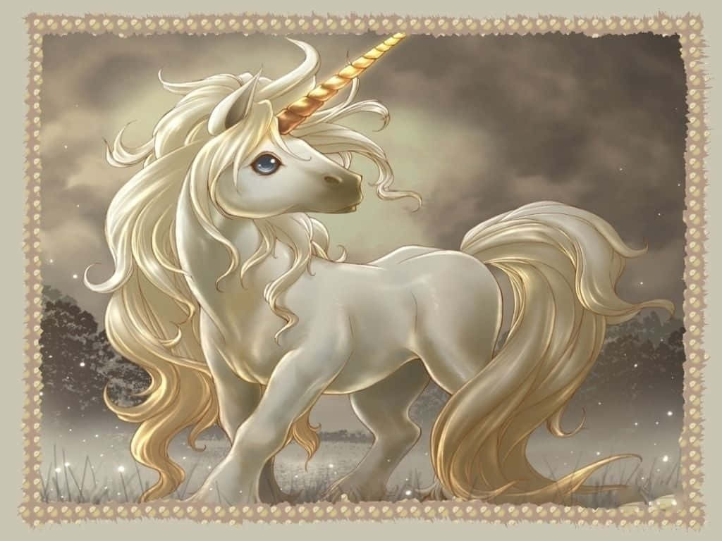 獨角獸 桌布 壁紙 — 一隻雄偉的白色獨角獸，擁有金色角和飄逸的鬃毛，優雅地站在霧氣瀰漫的田野中，天空多雲。