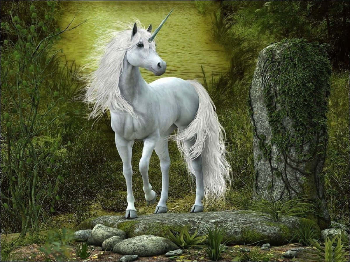 Real Unicorn 桌布 壁紙 — 一隻雄偉的白色獨角獸，擁有飄逸的鬃毛和角，優雅地站在翠綠的森林中，旁邊是長滿苔蘚的岩石。