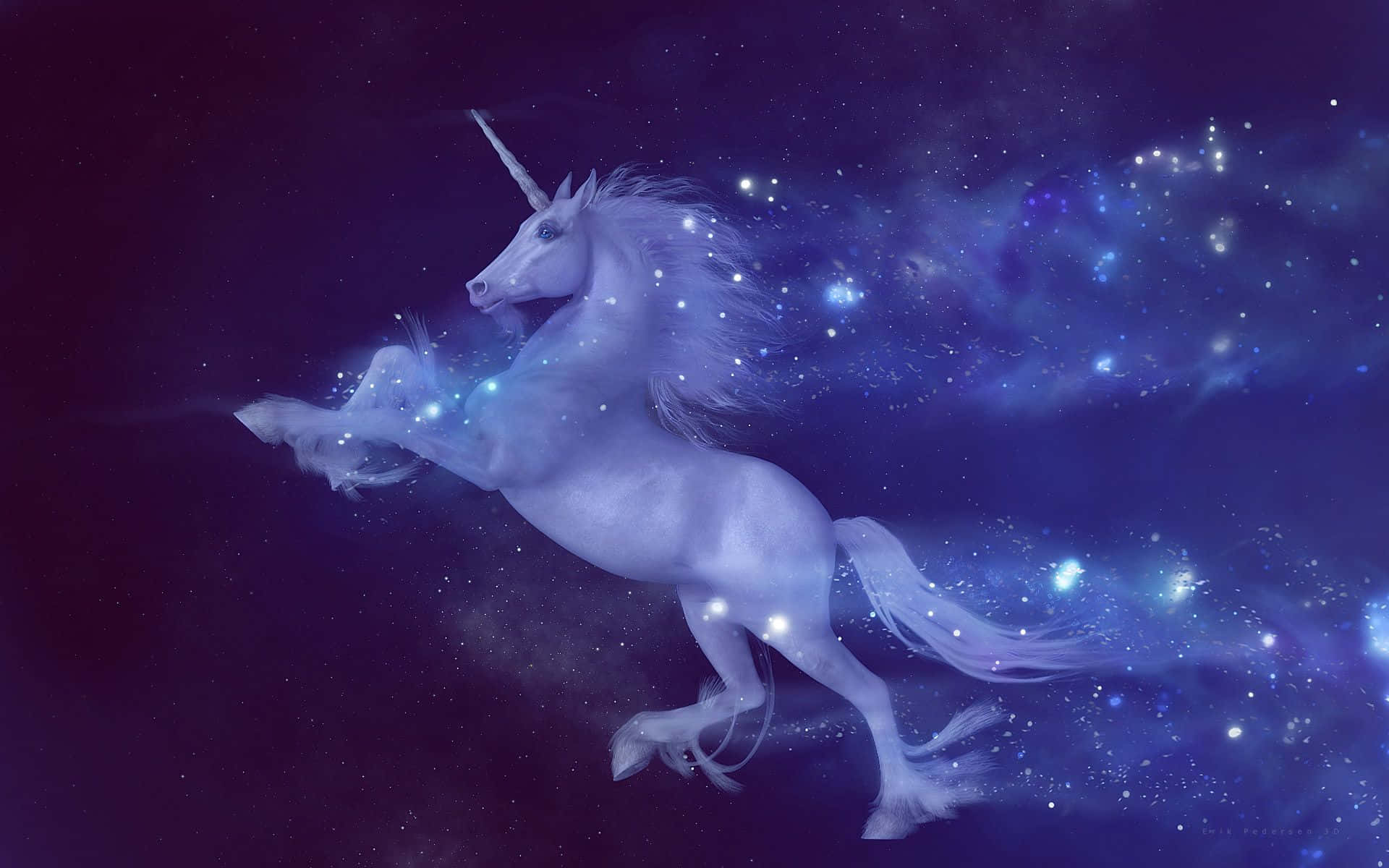 Unicorn Desktop 桌布 壁紙 — 一隻雄偉的白色獨角獸奔馳過星光燦爛的宇宙天空，留下發光的粒子。