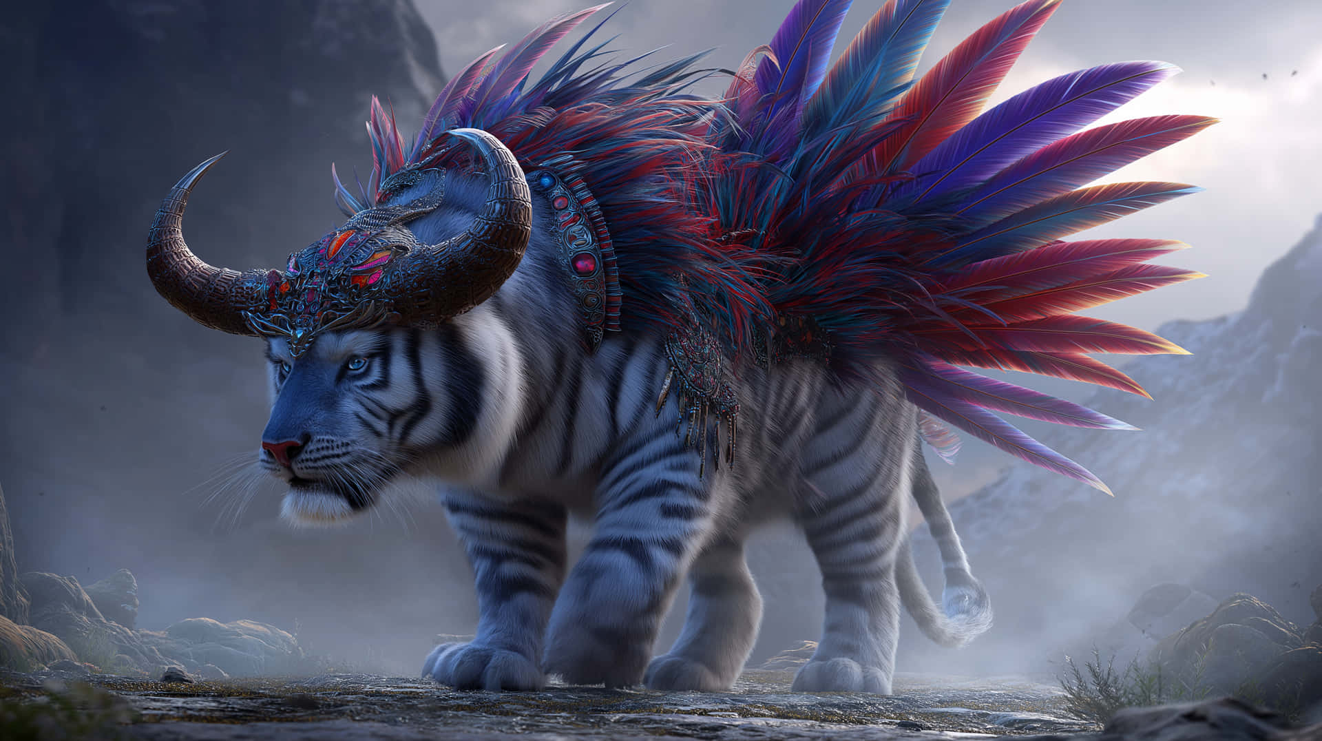 Majestic Striped Creature with Horns and Feathered Mane 壁紙 — 一隻雄偉的白虎，帶有華麗的公牛角和充滿活力的紫紅色羽毛頭飾，在霧氣繚繞的山脈中大步前行。