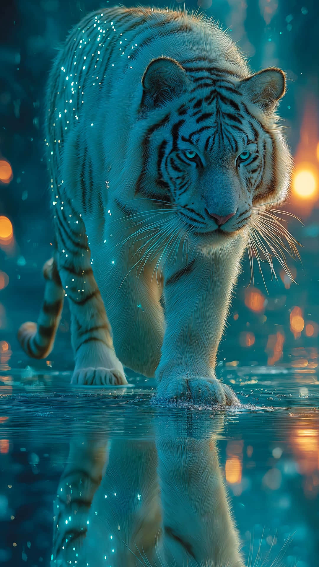 Majestic white tiger with sparkling fur and blue eyes reflected in a mystical, serene water 壁紙 — 一隻雄偉的白虎，擁有發光的藍色眼睛，在神奇的青綠色和橙色光芒下，穿過閃閃發光的水面。