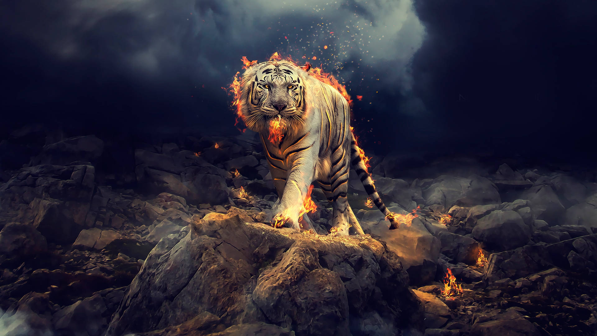 harimau 桌布 壁紙 — 一隻雄偉的白虎，身上噴發出熾熱的橙色火焰，強而有力地站在崎嶇的岩石上，背景是風暴肆虐的黑暗天空。