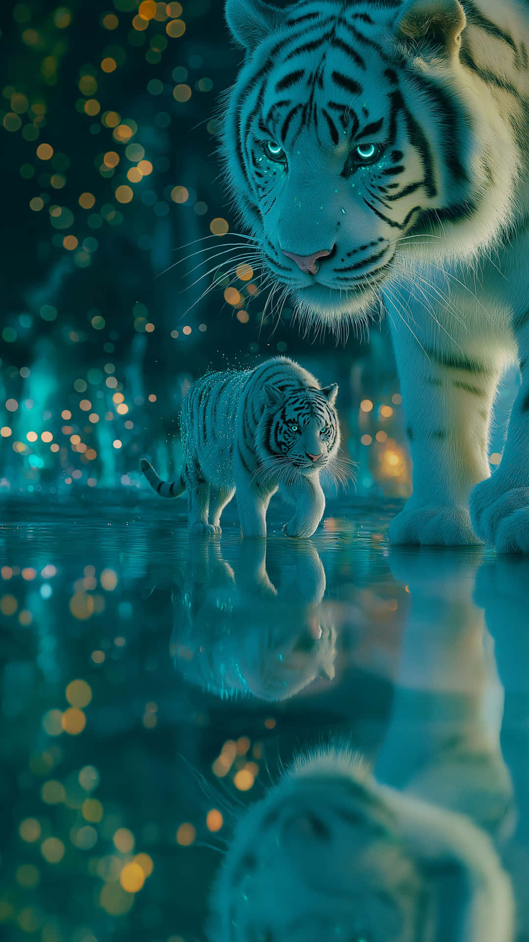 A mystical encounter with a white tiger and cub in a bioluminescent forest pond 壁紙 — 一隻雄偉的白虎和牠的幼崽站在淺水中，反射出金色散景燈光，背景是神秘的藍綠色森林。