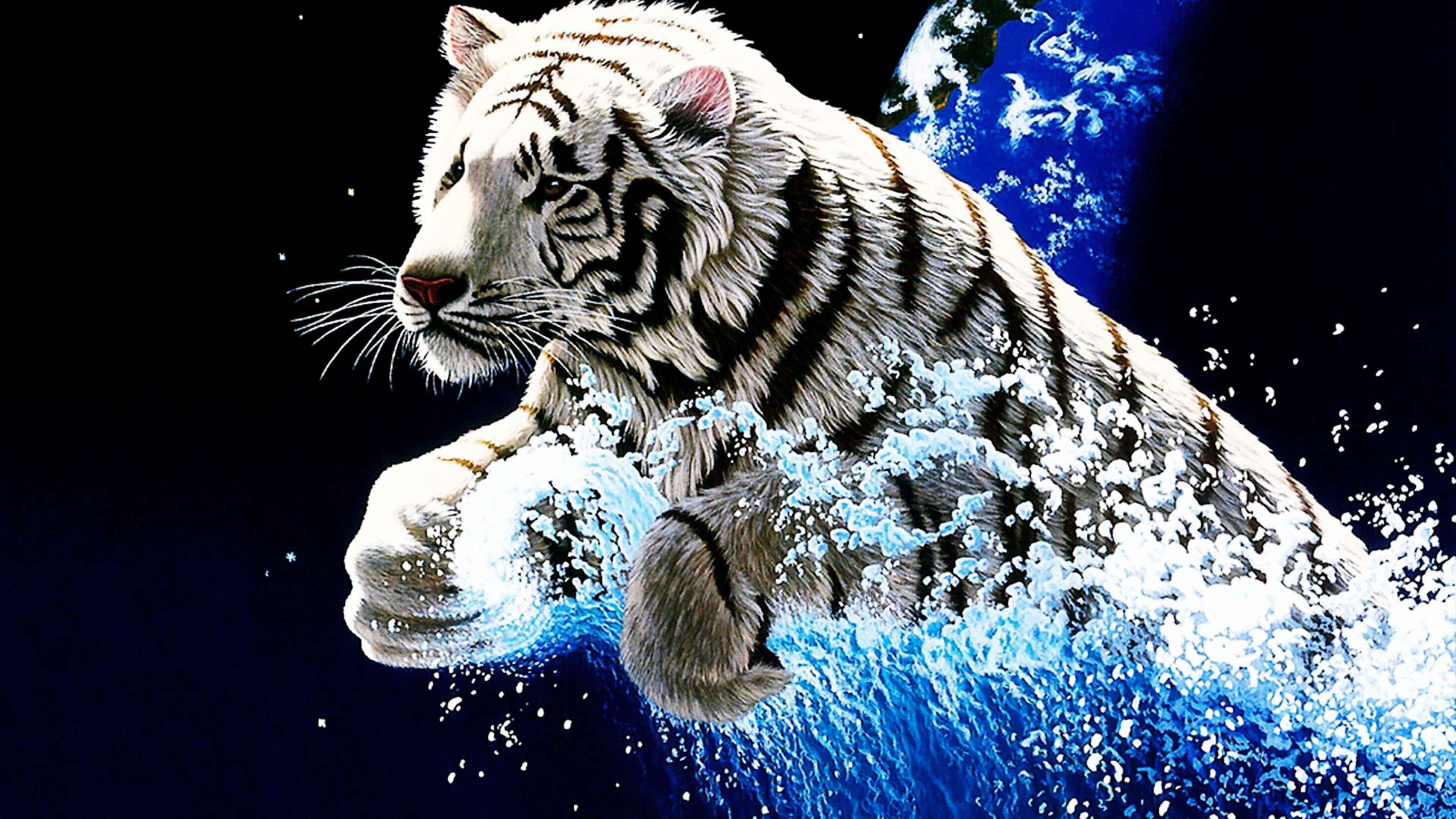3d Animal 桌布 壁紙 — 一隻雄偉的白虎在黑暗的宇宙背景下，穿過充滿活力的藍色水面，身後有一顆發光的行星。