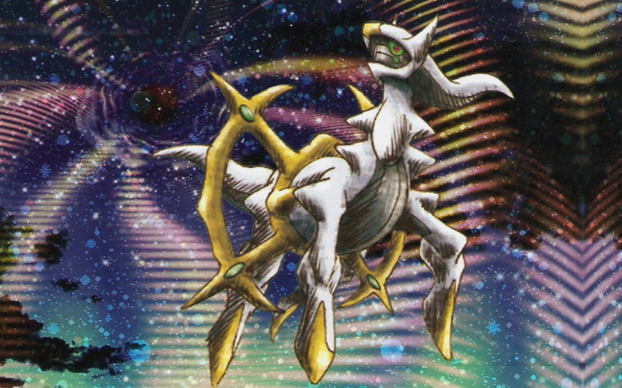 阿爾宙斯 桌布 壁紙 — 一隻雄偉的白金色龍形生物，擁有發光的綠色眼睛，在充滿星星和光芒四射的光束的宇宙星雲中翱翔。