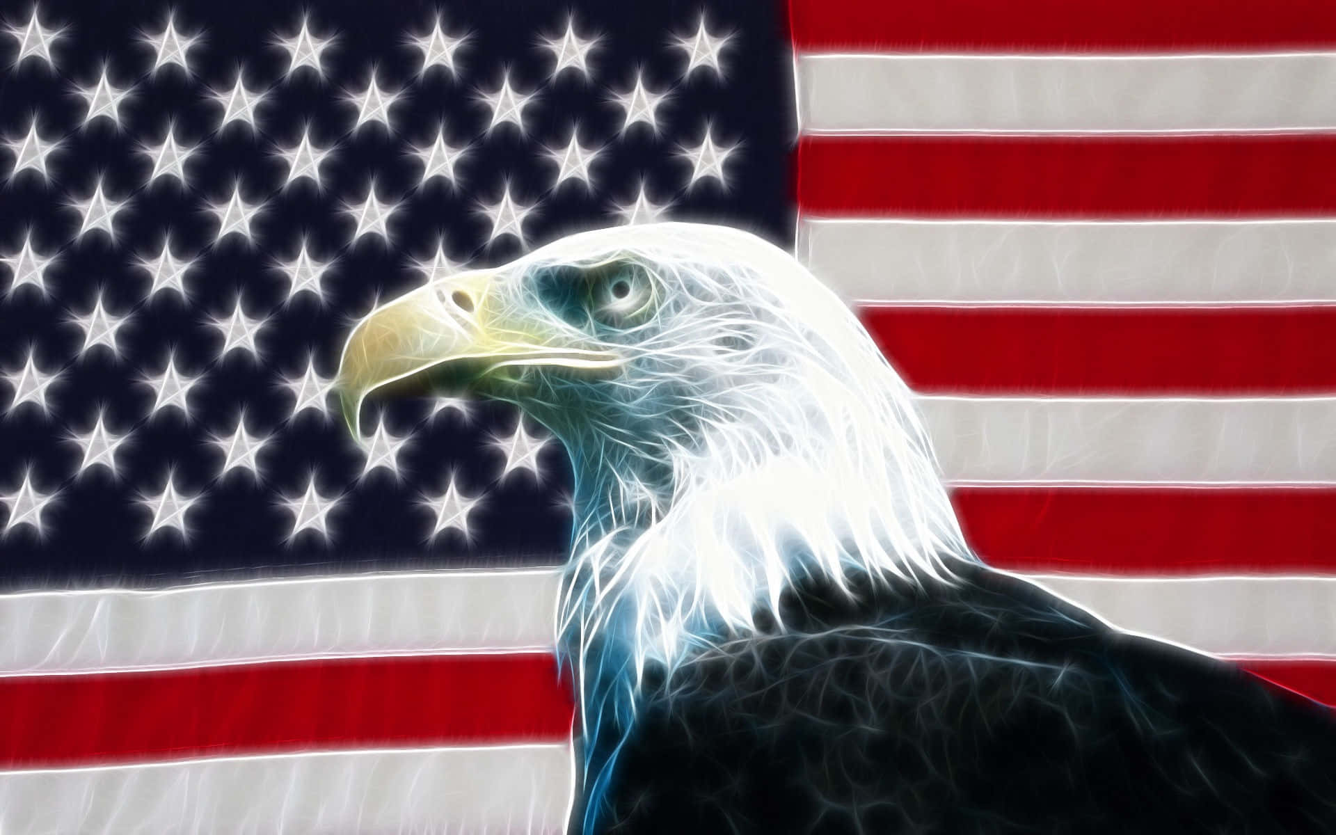 American Eagle 桌布 壁紙 — 一隻雄偉的白頭鷹，帶有發光的白色羽毛，自豪地站在充滿活力的美國國旗背景前。