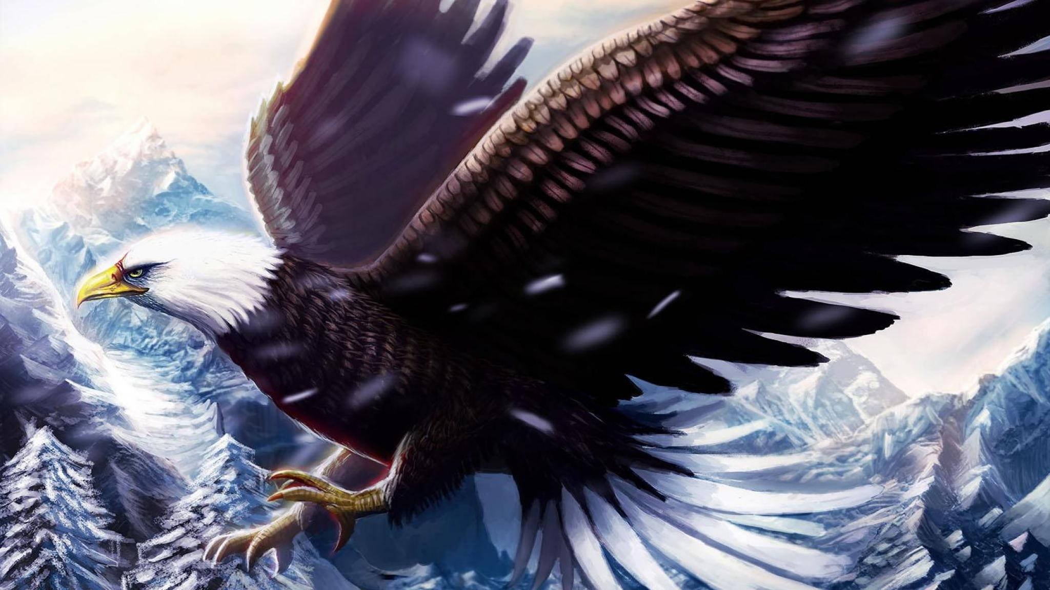 Eagle 桌布 壁紙 — 一隻雄偉的白頭鷹在柔和的天空下，展開寬闊的翅膀翱翔於積雪的山峰之上。