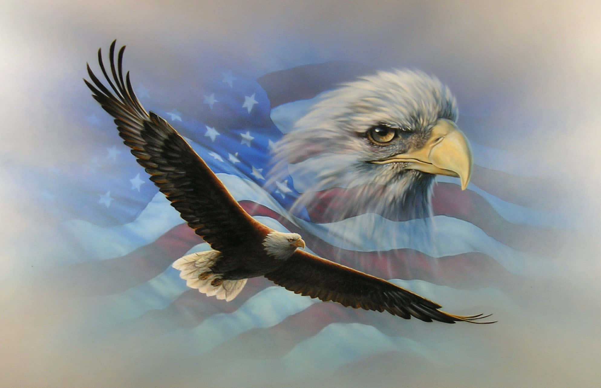 American Eagle 桌布 壁紙 — 一隻雄偉的白頭鷹展翅翱翔，背景是柔軟雲層中飄揚的美國國旗。