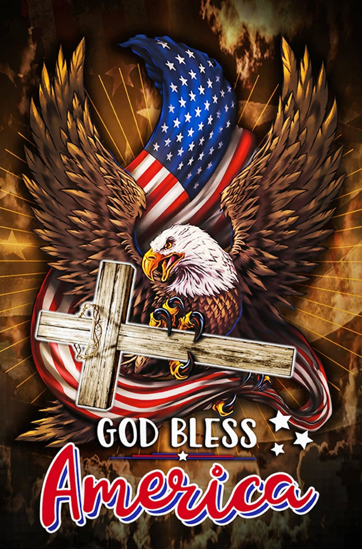 白頭鷹手持十字架，背後有美國國旗和「God Bless America」文字。 — 美國國旗 GIF 壁紙