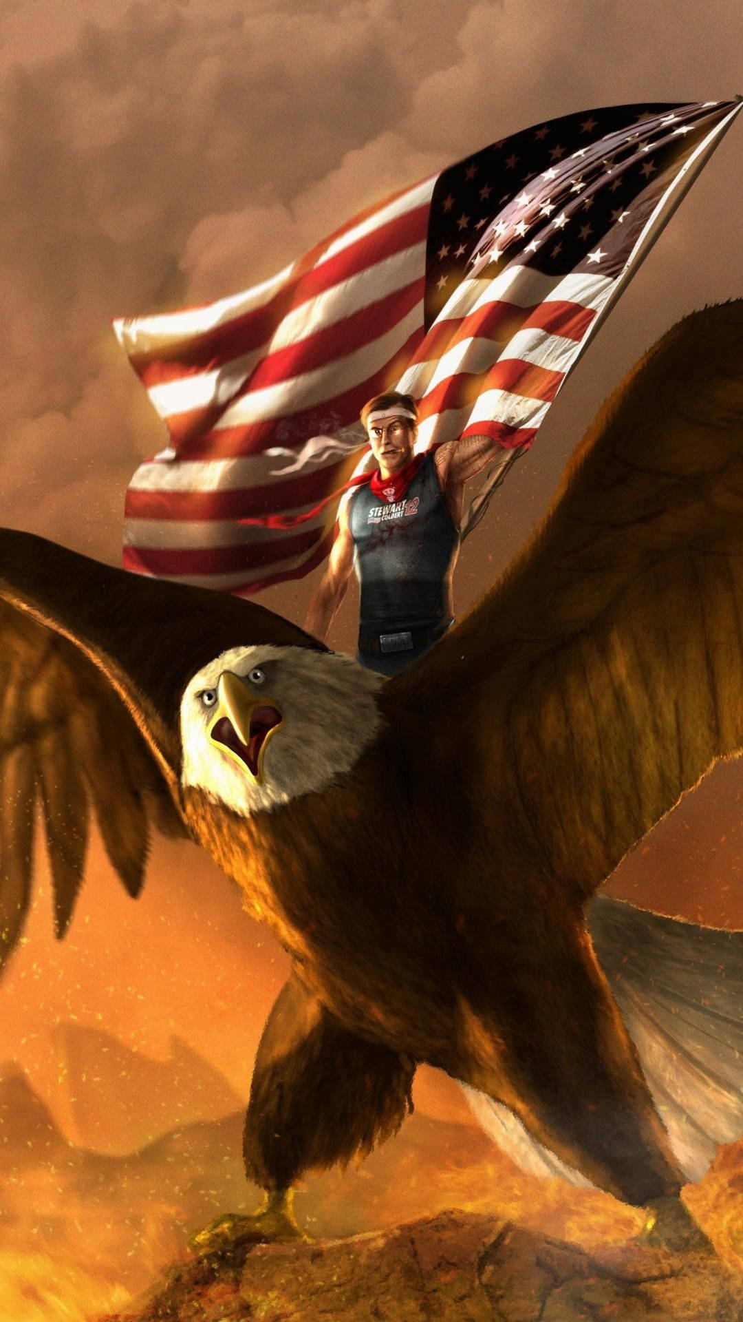 America iPhone 桌布 壁紙 — 一隻雄偉的白頭鷹翱翔，伴隨著一個肌肉發達的男人手持美國國旗，背景是火紅的日落天空。