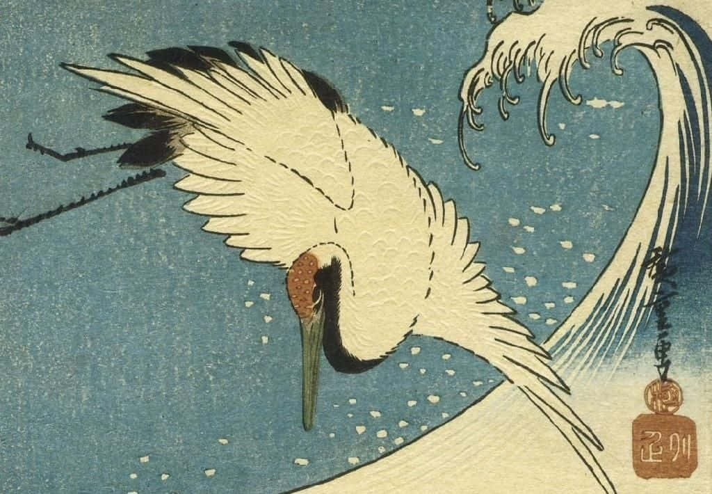 Painting 桌布 壁紙 — 一隻雄偉的白鶴在經典的日本木版畫風格中，優雅地翱翔於動態的藍色波浪之上。