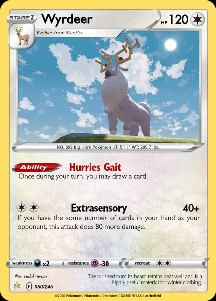 Pokémon 手機 桌布 壁紙 — 一隻雄偉的白鹿，長著巨大的鹿角，站在長滿青草的山丘上，天空湛藍，白雲朵朵。