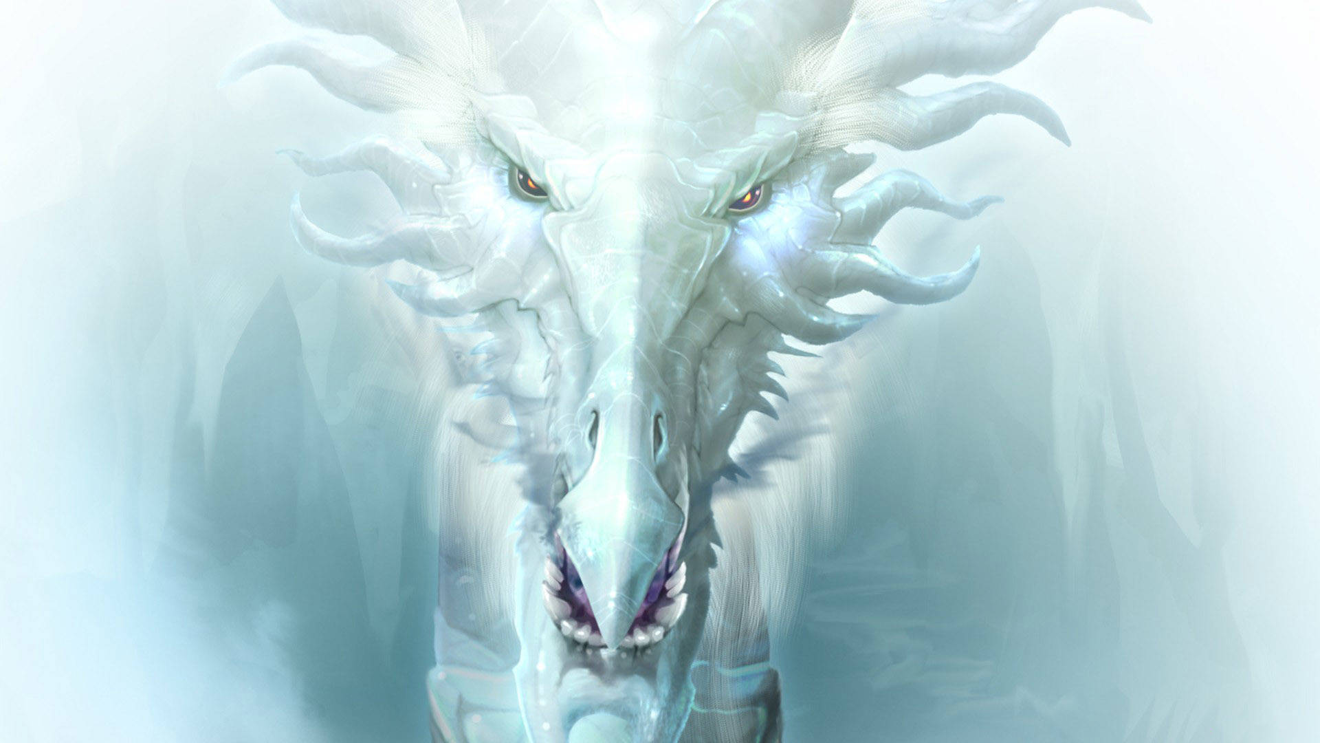 Light Dragon 桌布 壁紙 — 一隻雄偉的白龍，擁有琥珀色發光的眼睛和冰角，在霧氣繚繞的霜凍背景下強烈凝視。