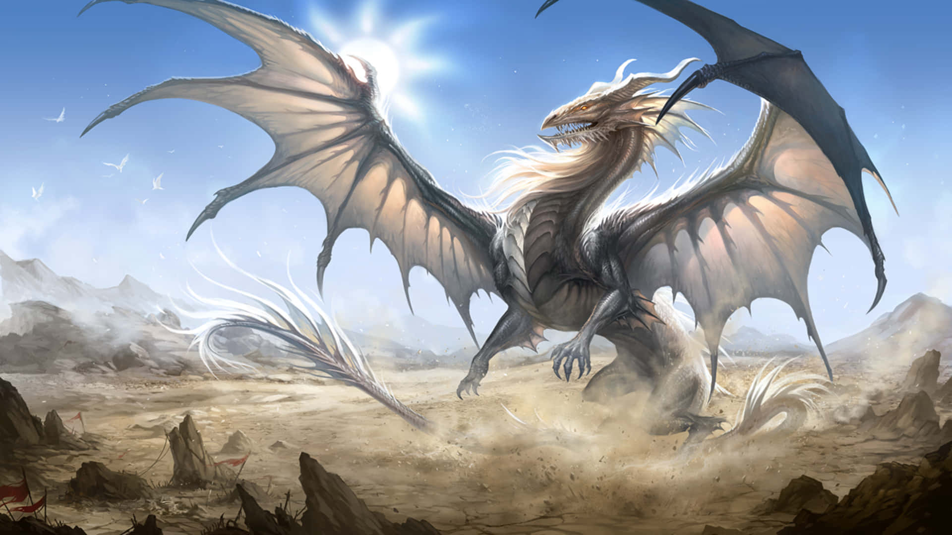 Awesome Dragon 桌布 壁紙 — 一隻雄偉的白龍展開寬大的翅膀，在明亮的陽光下翱翔於貧瘠的沙漠景觀之上。
