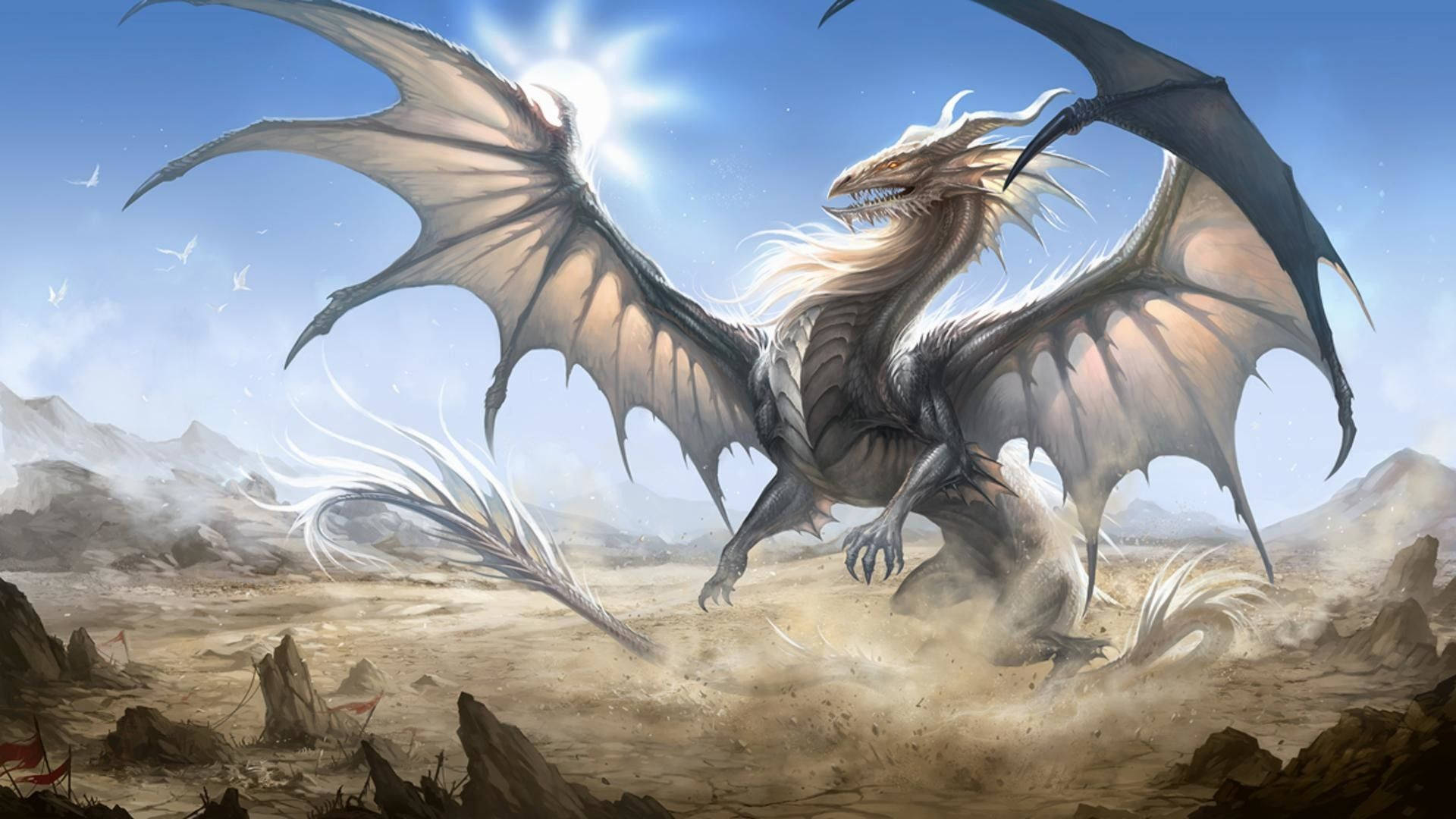 Ice Dragon 桌布 壁紙 — 一隻雄偉的白龍展開寬闊的翅膀，在烈日下飛越崎嶇的沙漠景觀。