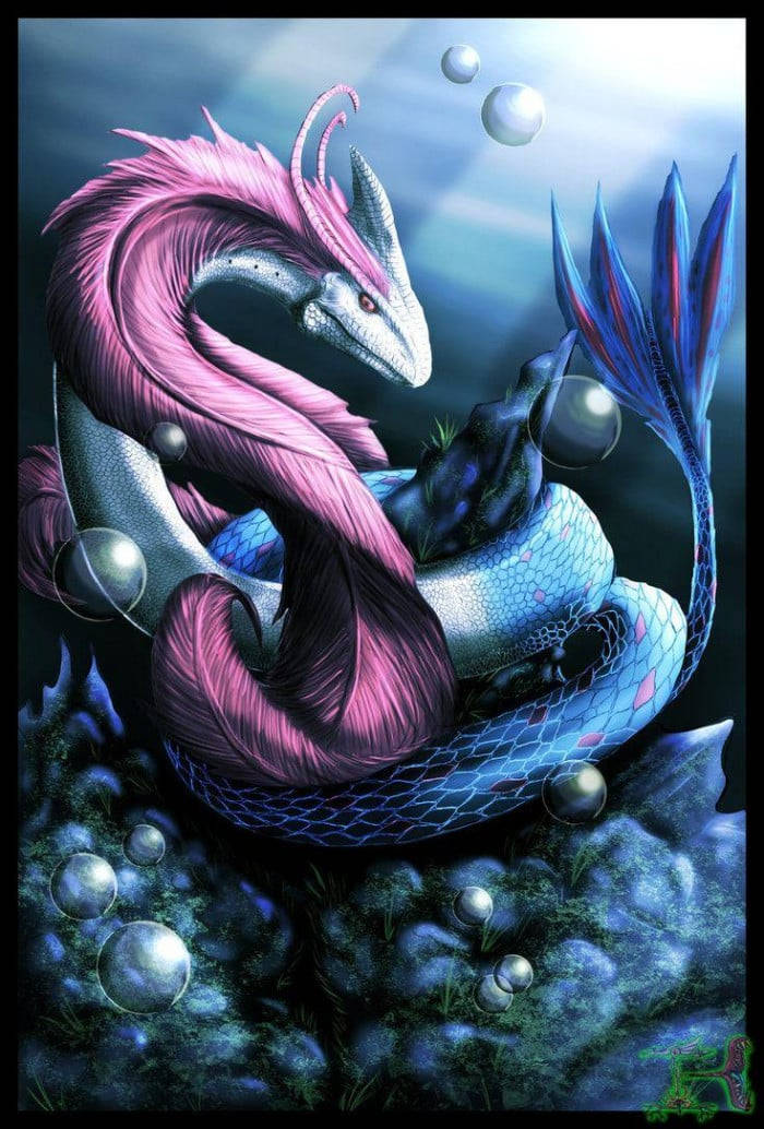 寶可夢 桌布 壁紙 — 一隻雄偉的粉藍色鱗片龍，飄逸的鬃毛，在水下發光的氣泡和岩石地形中休息。