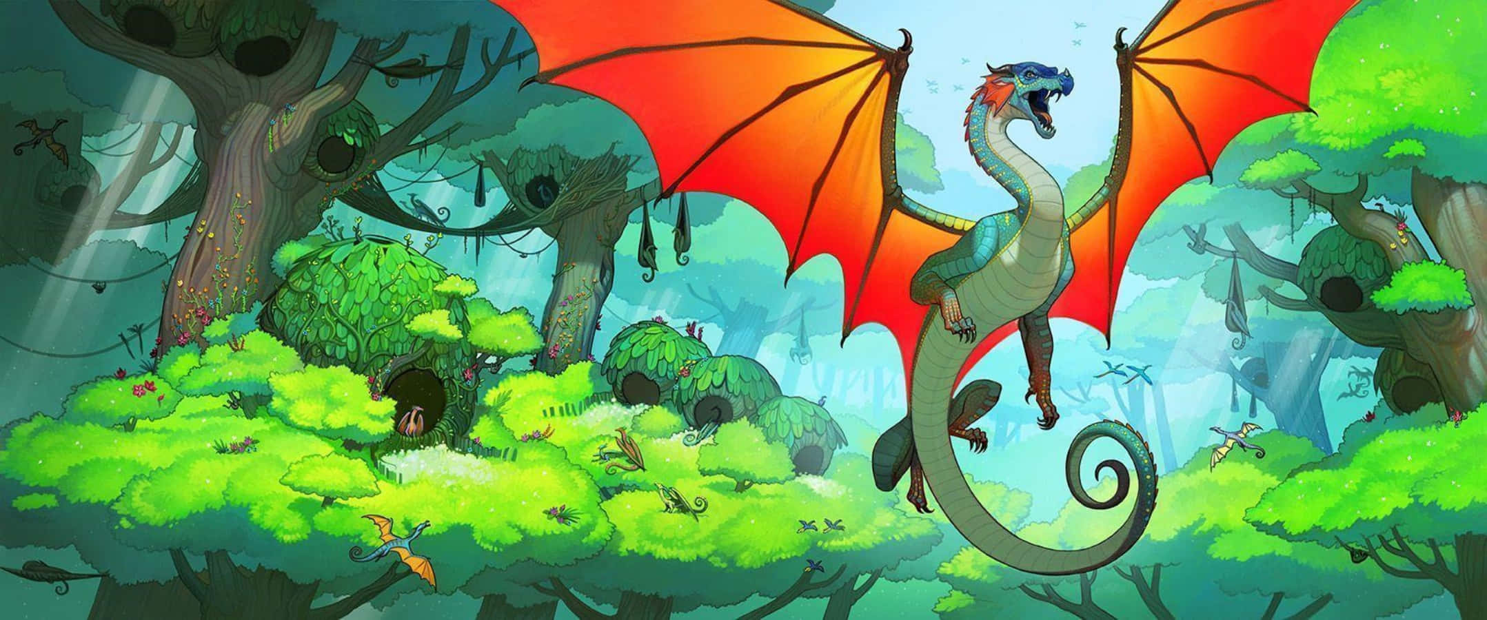 Wings Of Fire 桌布 壁紙 — 一隻雄偉的紅翼龍在茂密的綠色森林樹冠中翱翔，下方有巨樹和小生物。
