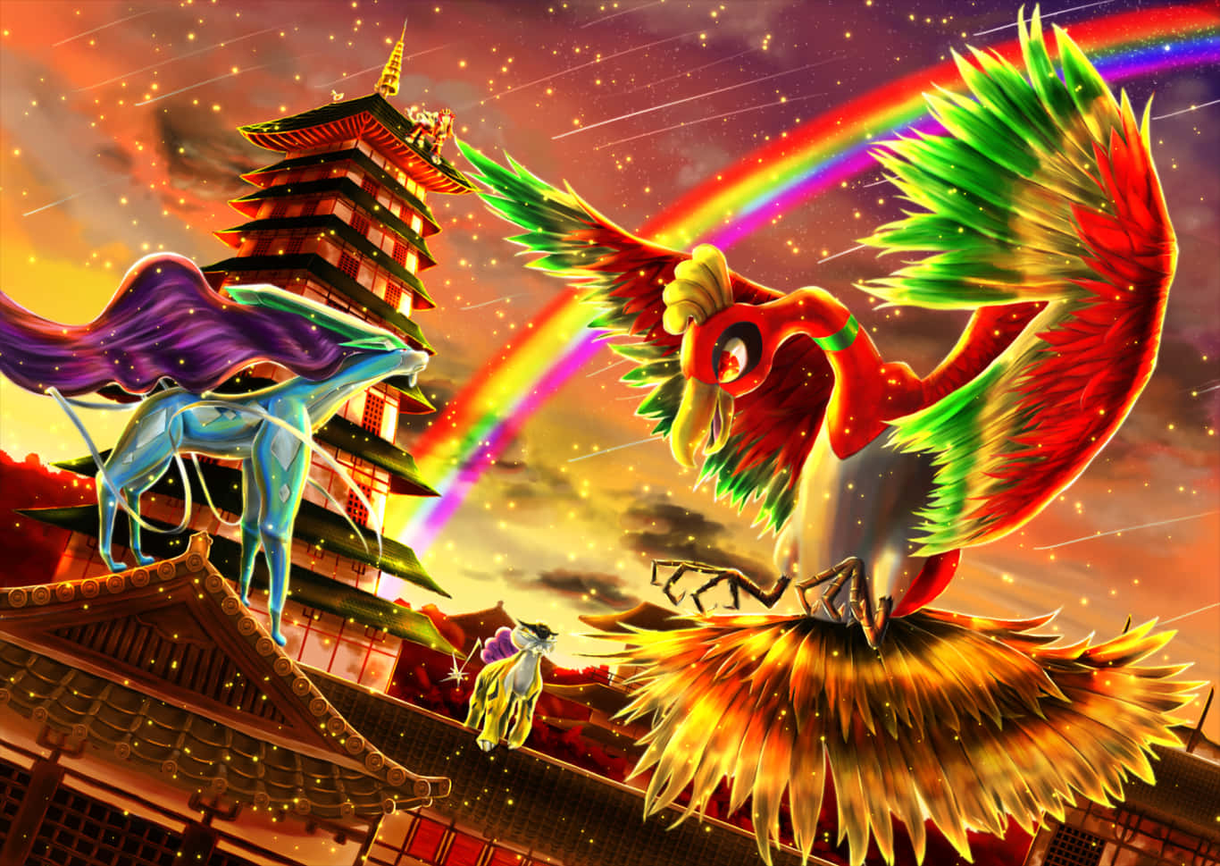 寶可夢 桌布 壁紙 — 一隻雄偉的紅色鳳凰，綠色翅膀，與一匹藍色翅膀的馬並肩飛翔在傳統日本寶塔之上，在日落時分絢麗的彩虹下。