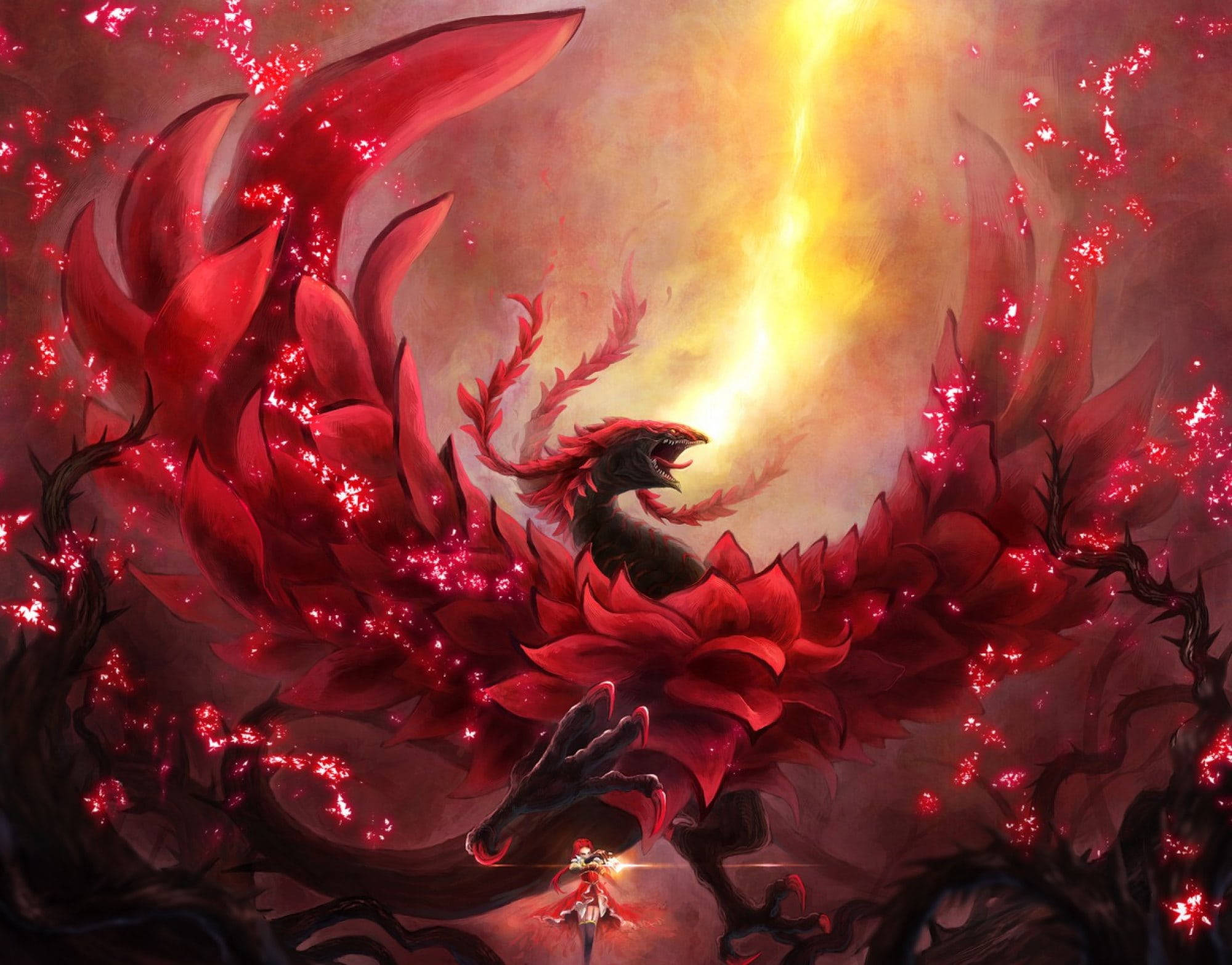Yu Gi Oh 桌布 壁紙 — 一隻雄偉的紅色鳳凰，翅膀發光，在飄落的櫻花中翱翔於燦爛的金色天空。
