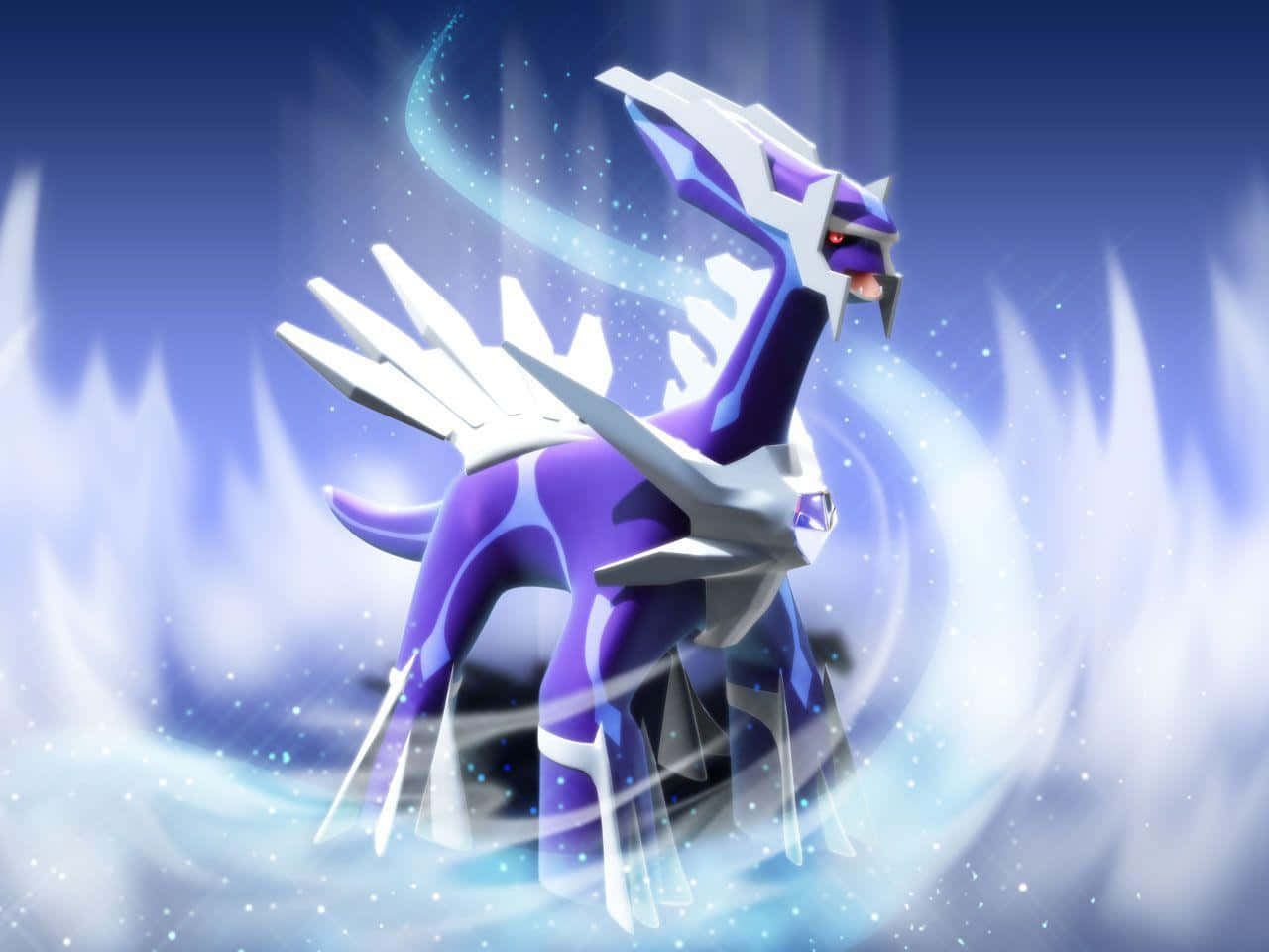 Dialga 桌布 壁紙 — 一隻雄偉的紫色和白色龍型寶可夢，擁有發光的眼睛和冰翼，在閃爍的藍白漩渦中旋轉。