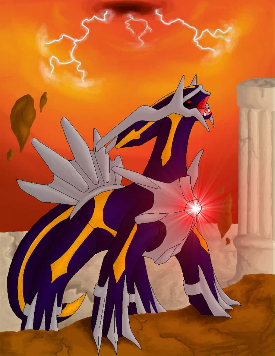 Dialga 桌布 壁紙 — 一隻雄偉的紫色和金色龍，閃爍著紅色眼睛，在暴風雨的橙色天空中伴隨著閃電咆哮。