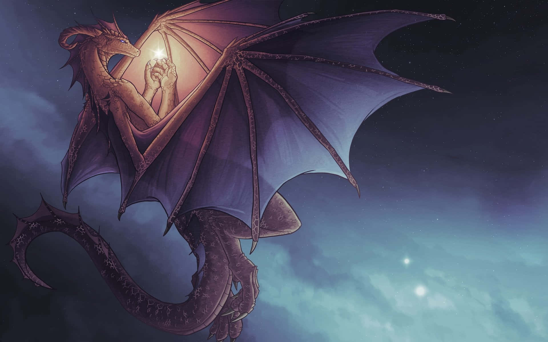 Beautiful Dragon 桌布 壁紙 — 一隻雄偉的紫色巨龍在星光閃爍的暮色天空中翱翔，爪中握著一個發光的球體。