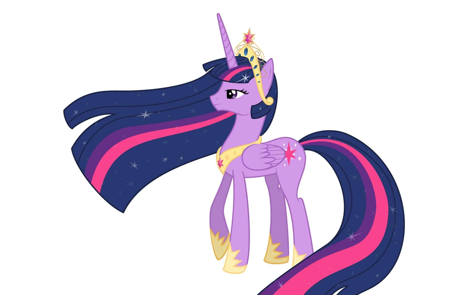 Cartoon Unicorn 桌布 壁紙 — 一隻雄偉的紫色獨角獸，擁有星塵般的鬃毛和尾巴，威嚴地站在純白色背景前。