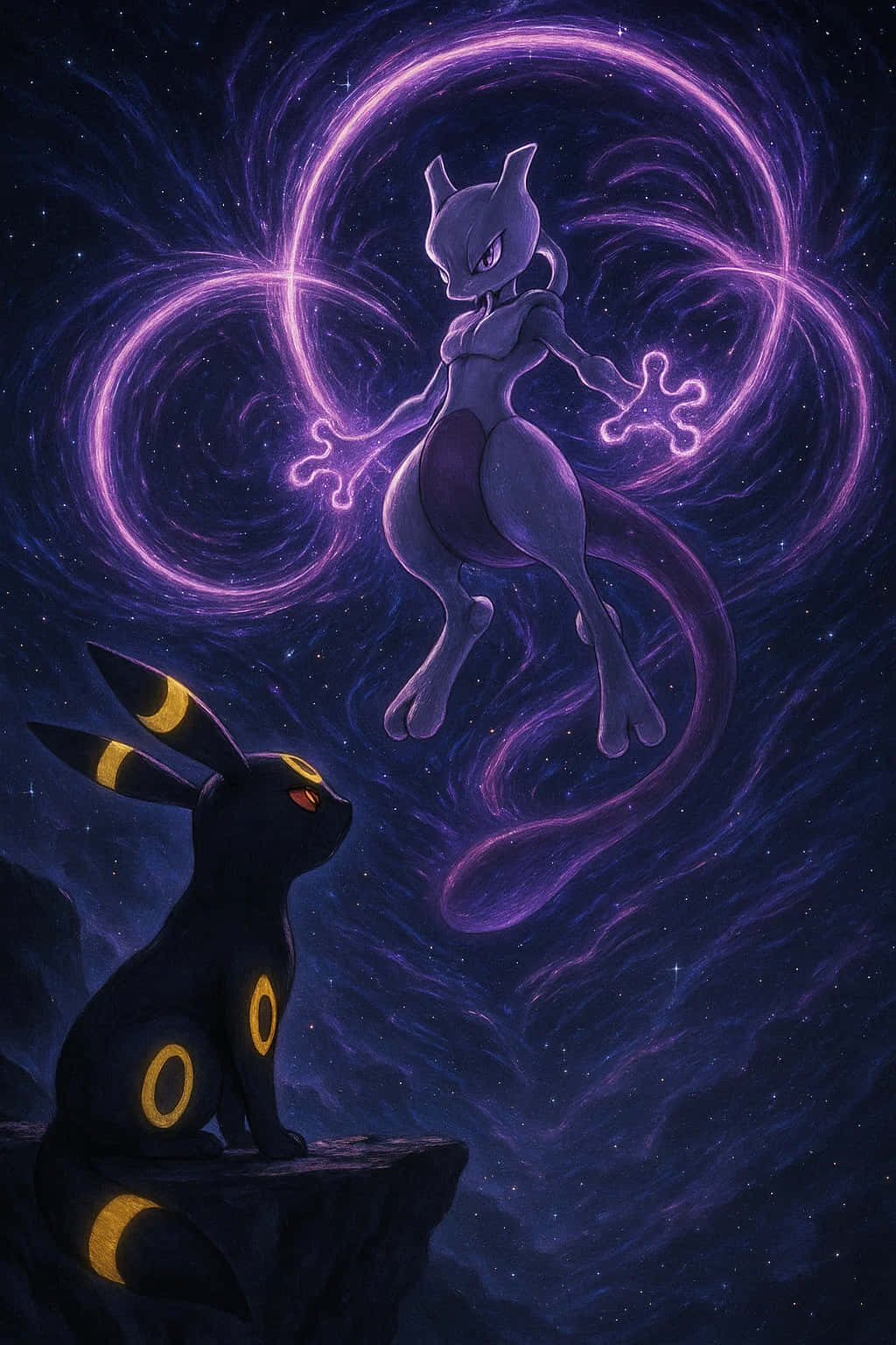 Umbreon Pokemon 4K HD Wallpaper WEBP MOBILE Backgrounds 壁紙 — 一隻雄偉的紫色超夢在旋轉的宇宙能量中漂浮，而一隻黑色的月伊貝從下方的岩石露頭觀看。